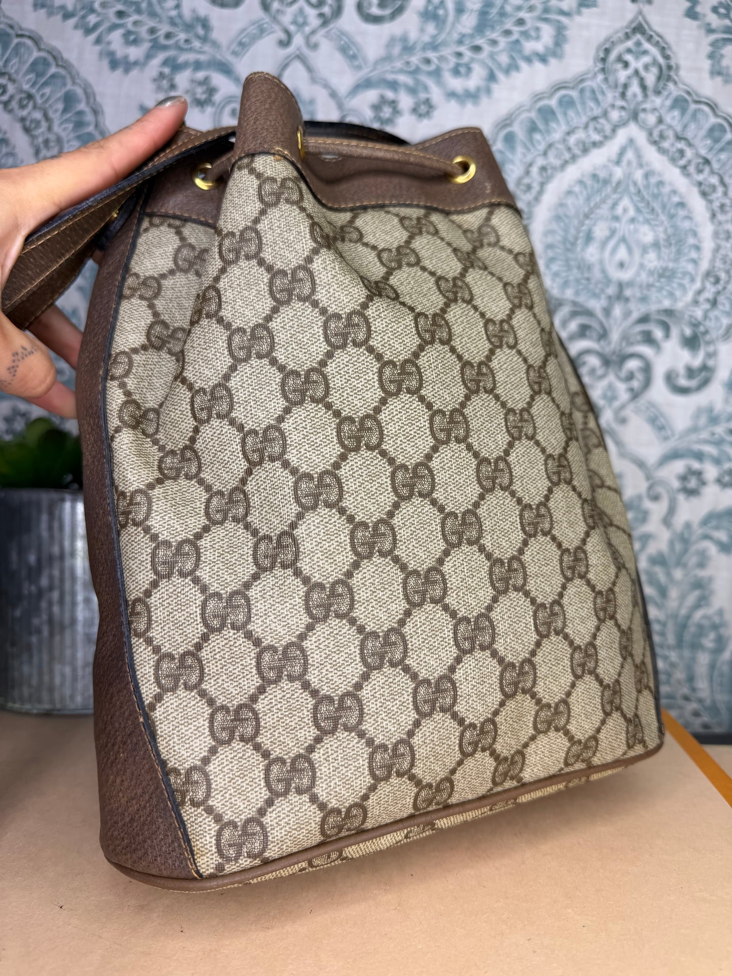 Gucci Canvas Sherry Line Drawstring Bucket Bag