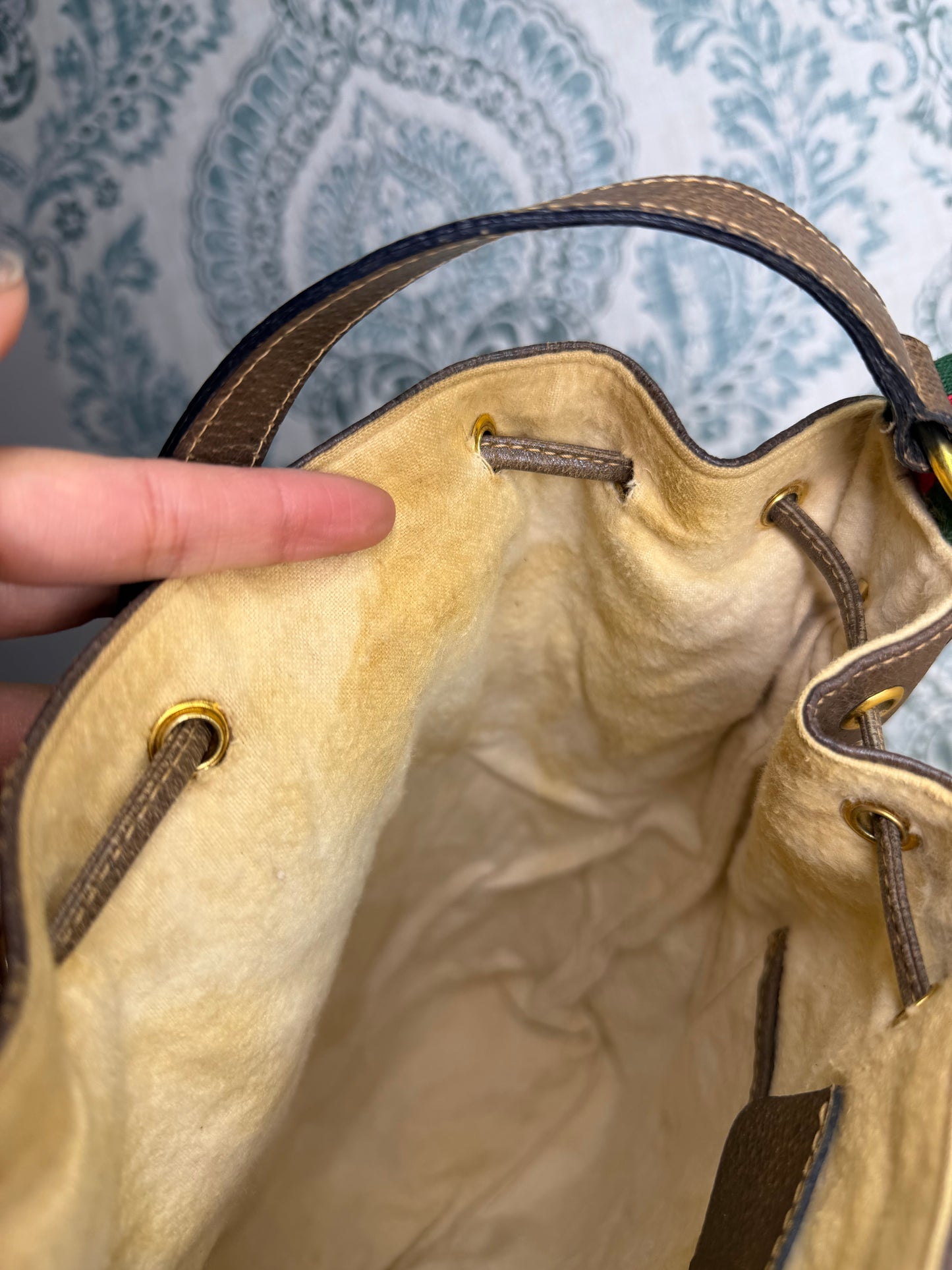 Gucci Canvas Sherry Line Drawstring Bucket Bag