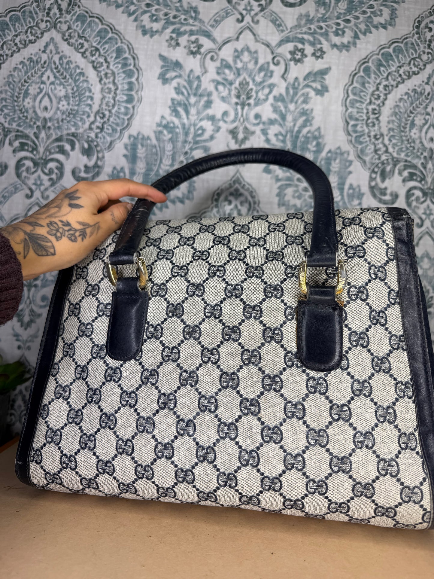 Gucci Navy Vintage Sherry Line Top Handle Bag