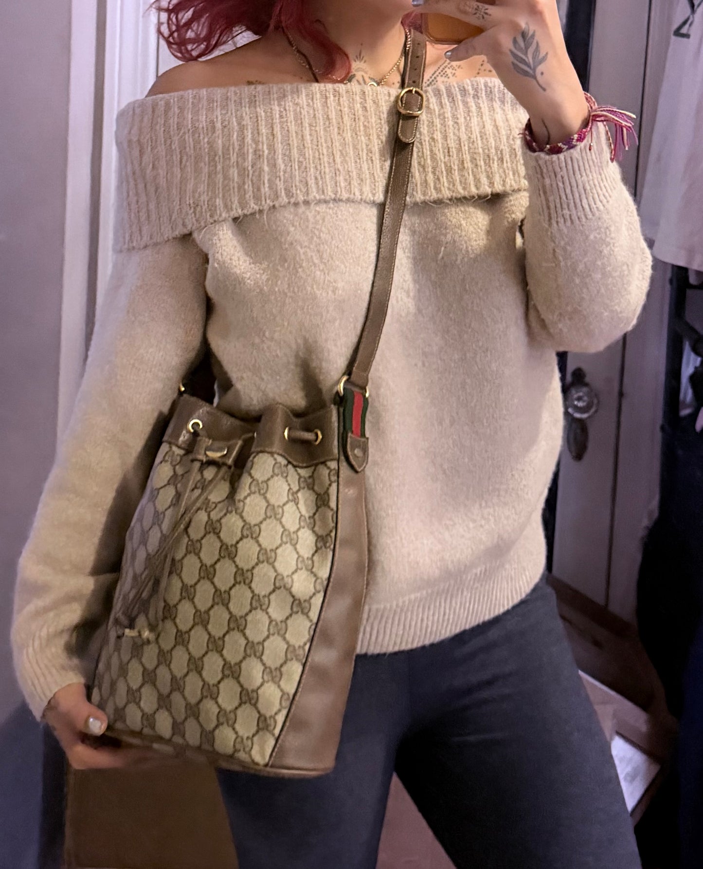 Gucci Canvas Sherry Line Drawstring Bucket Bag