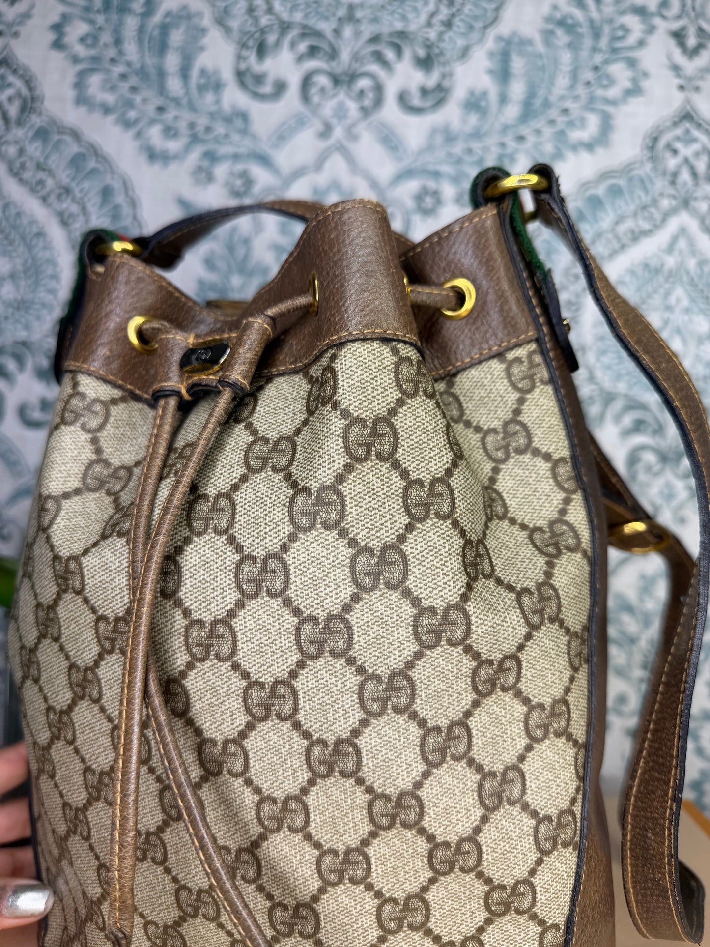 Gucci Canvas Sherry Line Drawstring Bucket Bag