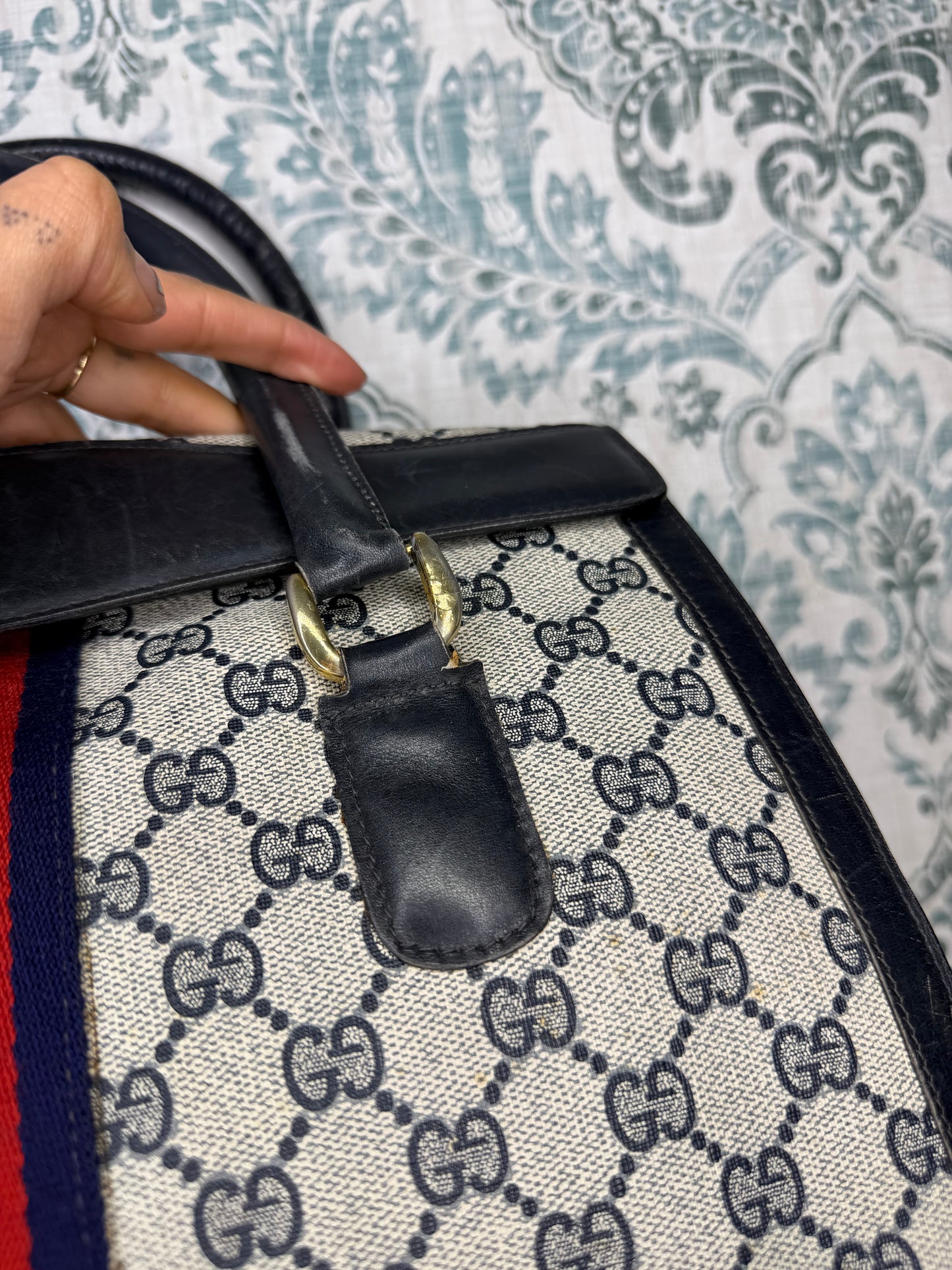 Gucci Navy Vintage Sherry Line Top Handle Bag