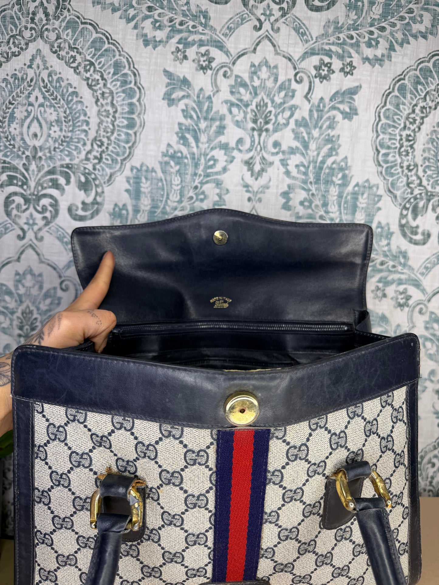 Gucci Navy Vintage Sherry Line Top Handle Bag