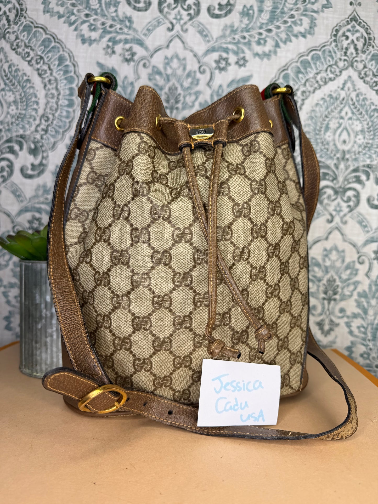 Gucci Canvas Sherry Line Drawstring Bucket Bag