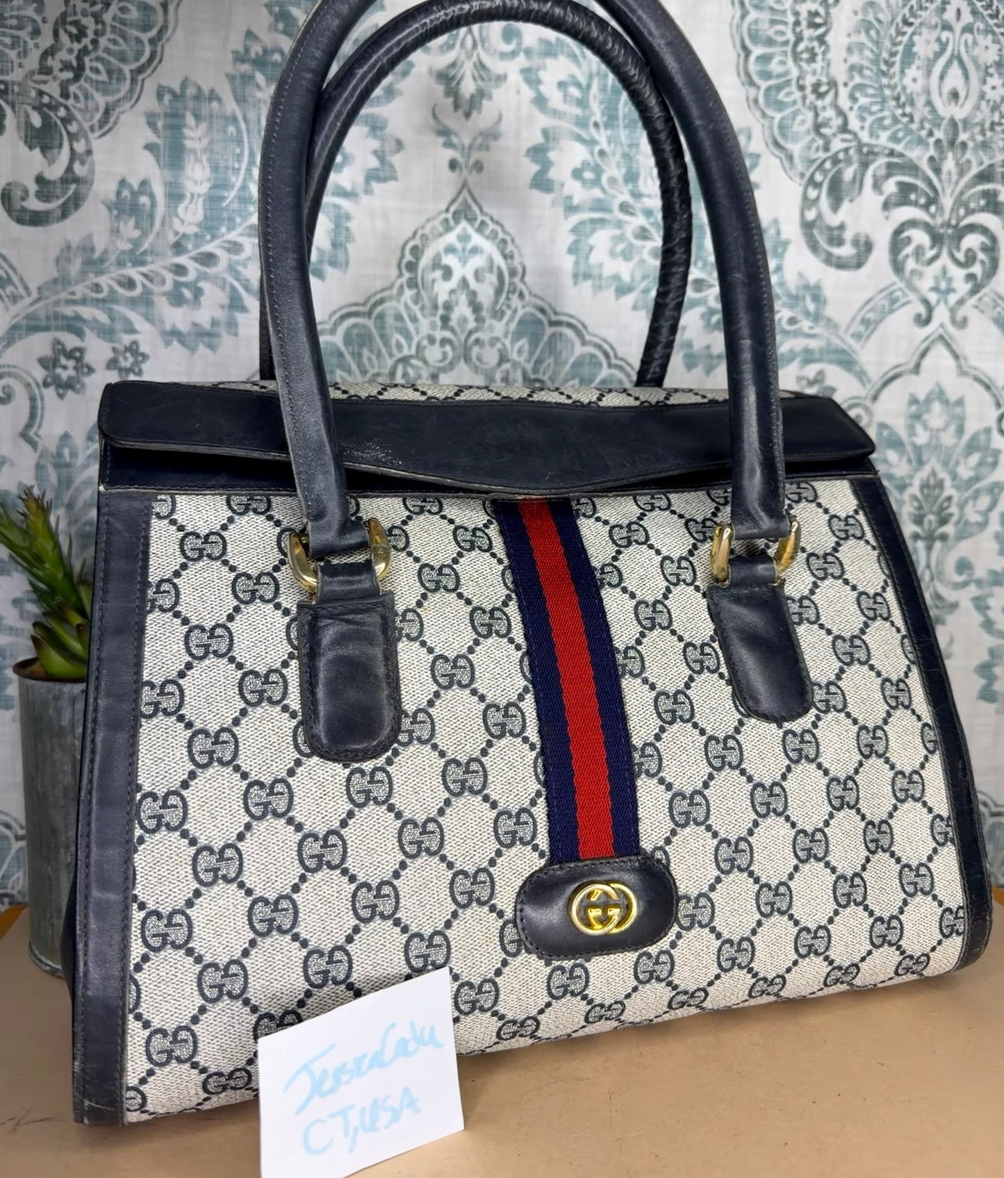 Gucci Navy Vintage Sherry Line Top Handle Bag