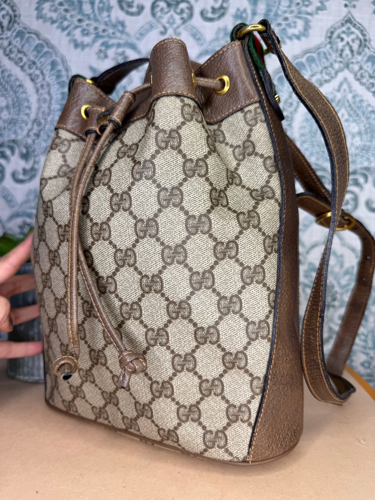 Gucci Canvas Sherry Line Drawstring Bucket Bag