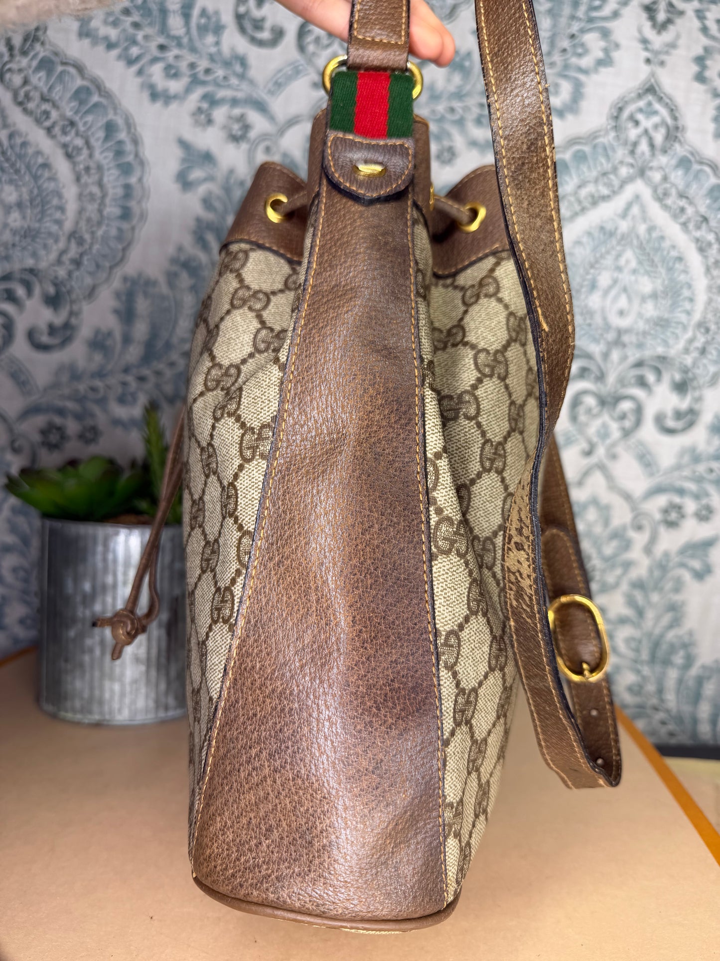 Gucci Canvas Sherry Line Drawstring Bucket Bag