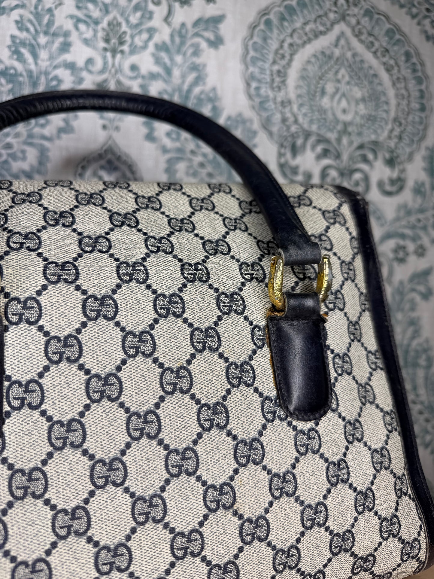 Gucci Navy Vintage Sherry Line Top Handle Bag
