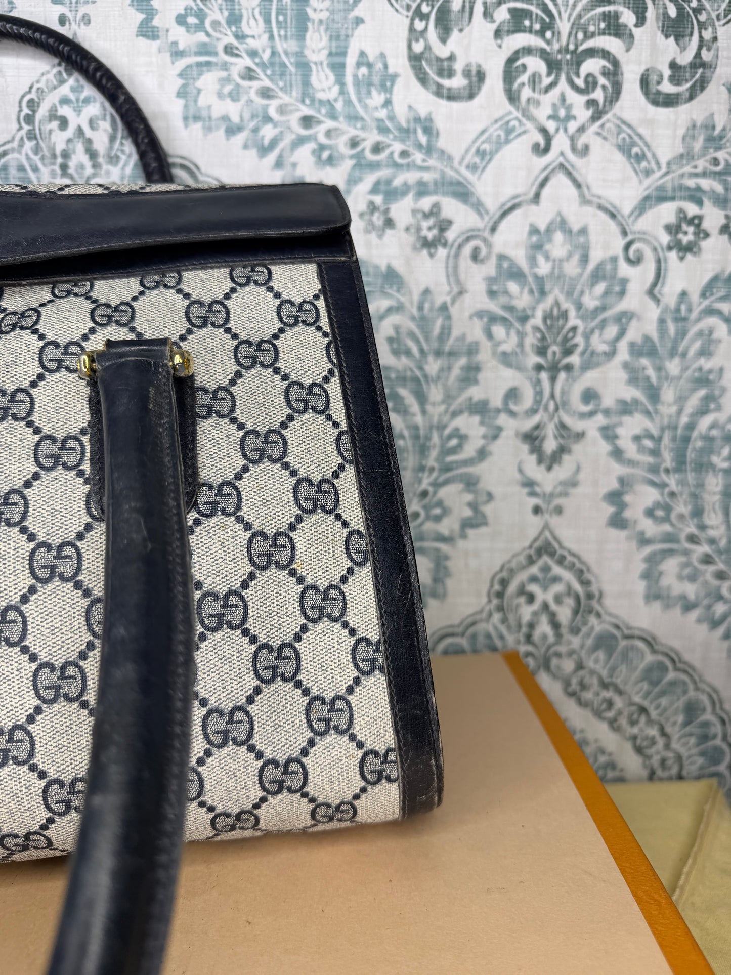 Gucci Navy Vintage Sherry Line Top Handle Bag