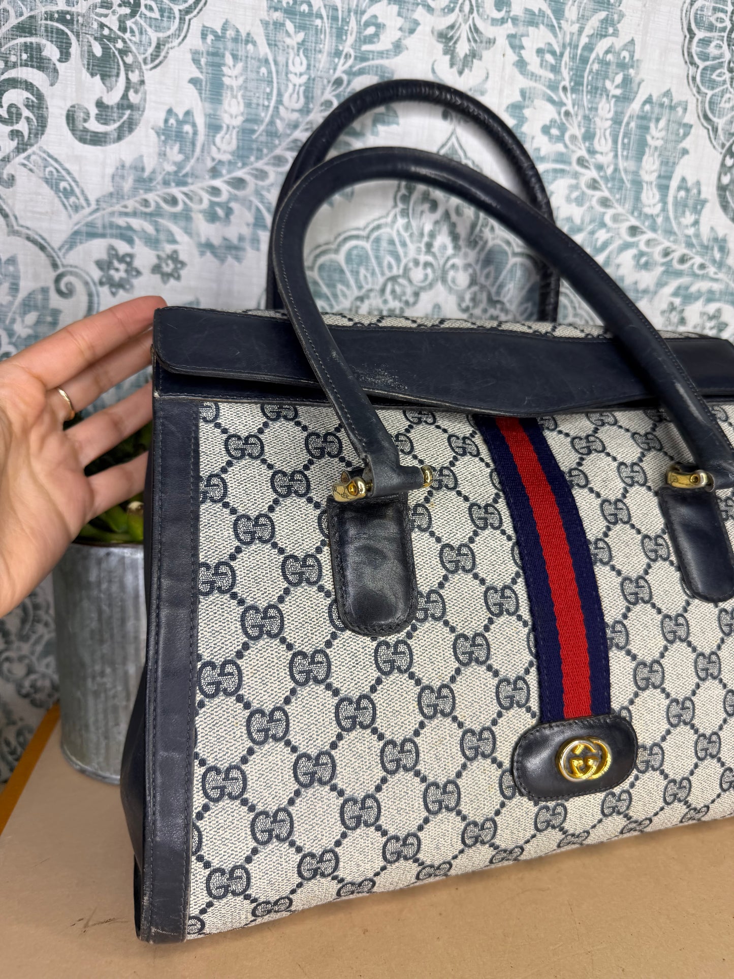 Gucci Navy Vintage Sherry Line Top Handle Bag