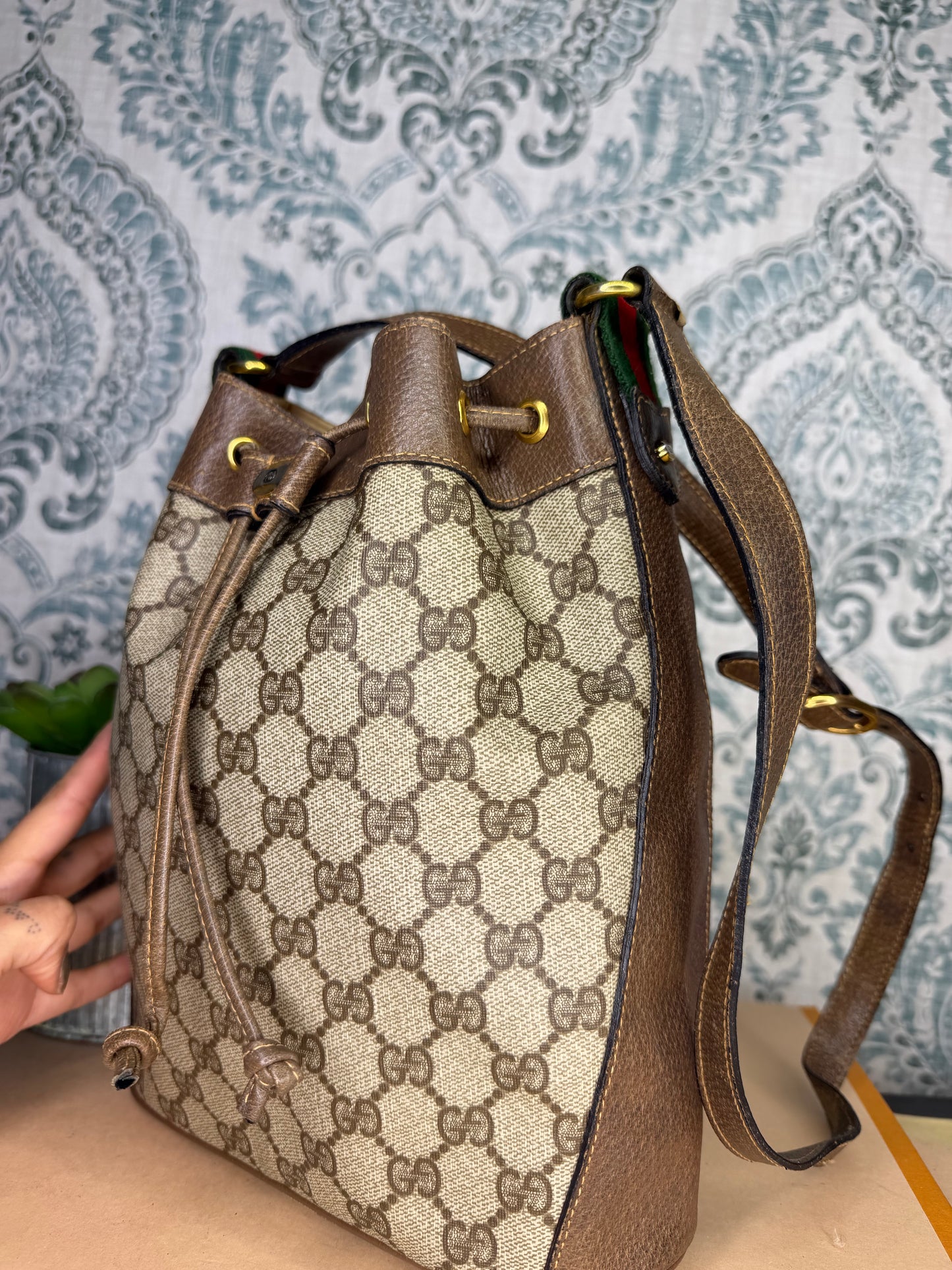 Gucci Canvas Sherry Line Drawstring Bucket Bag