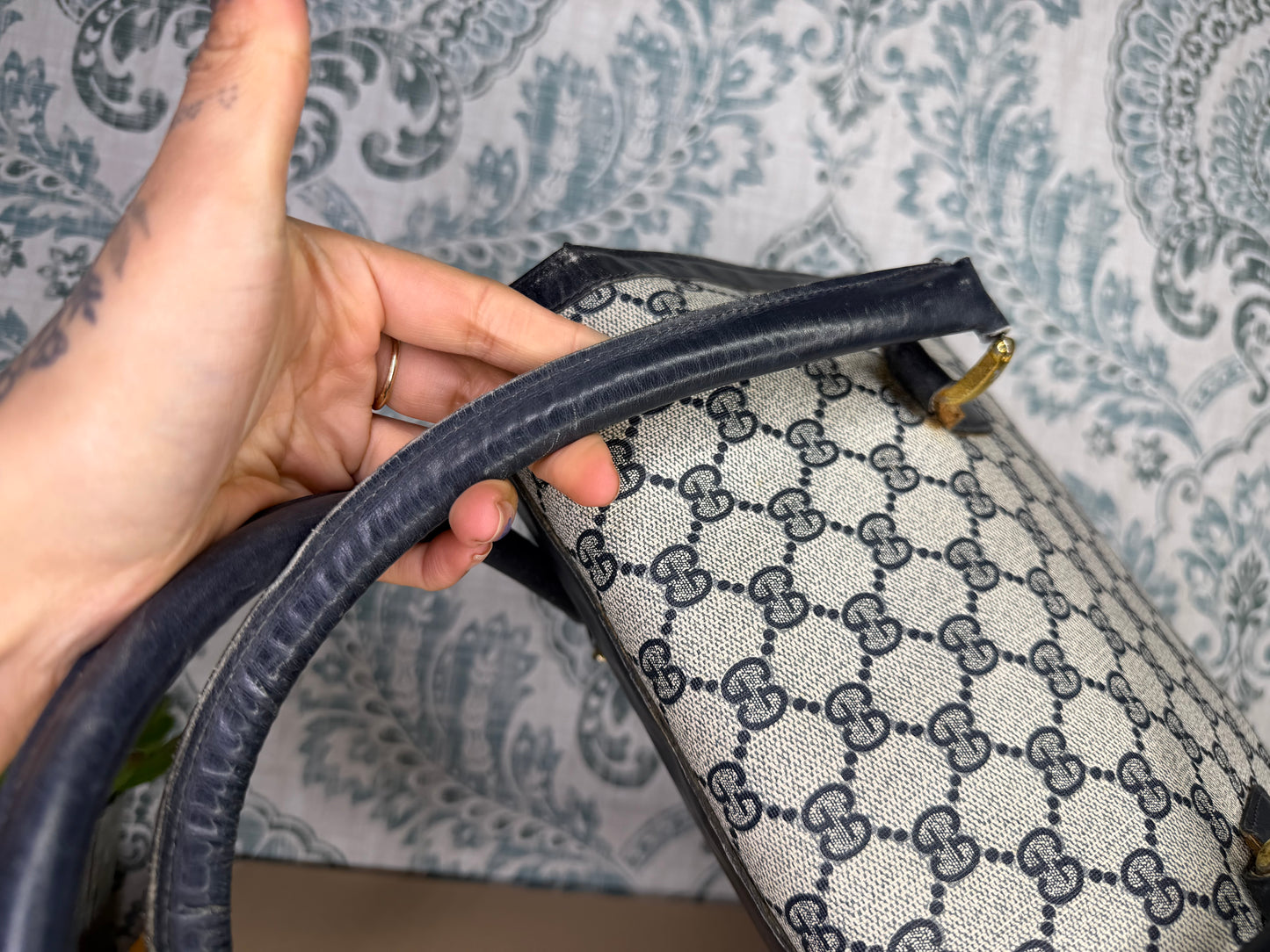 Gucci Navy Vintage Sherry Line Top Handle Bag