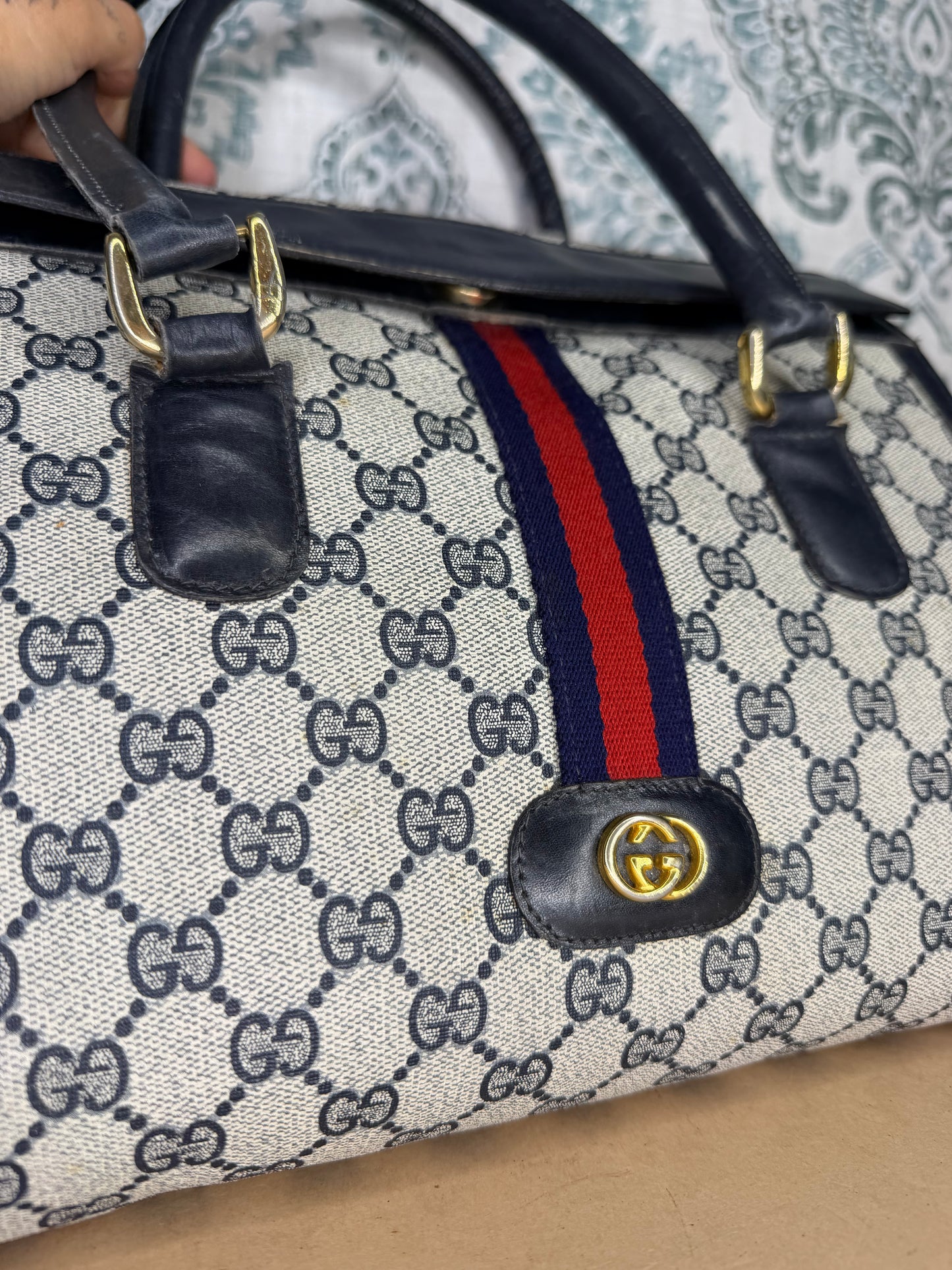 Gucci Navy Vintage Sherry Line Top Handle Bag