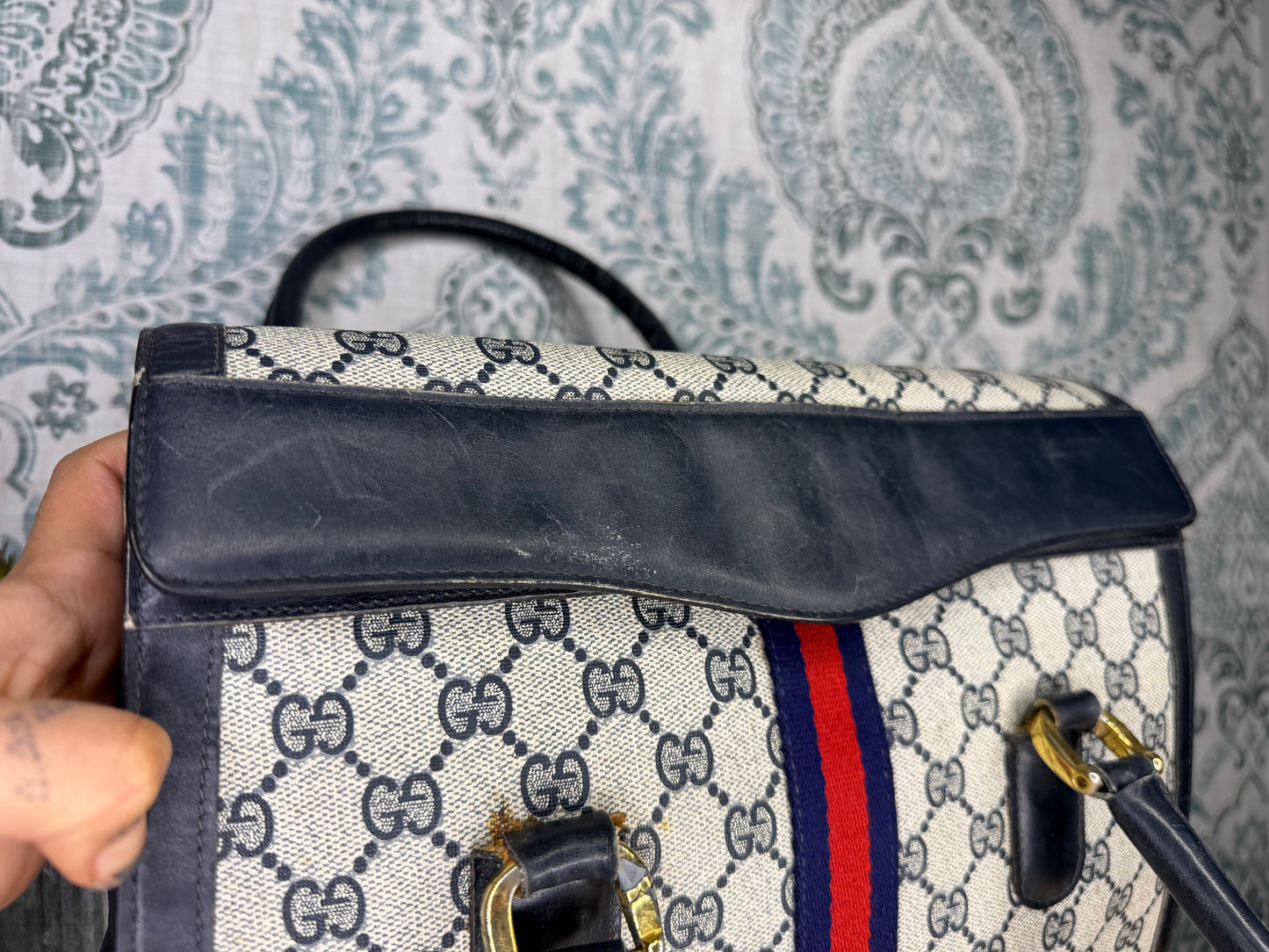 Gucci Navy Vintage Sherry Line Top Handle Bag