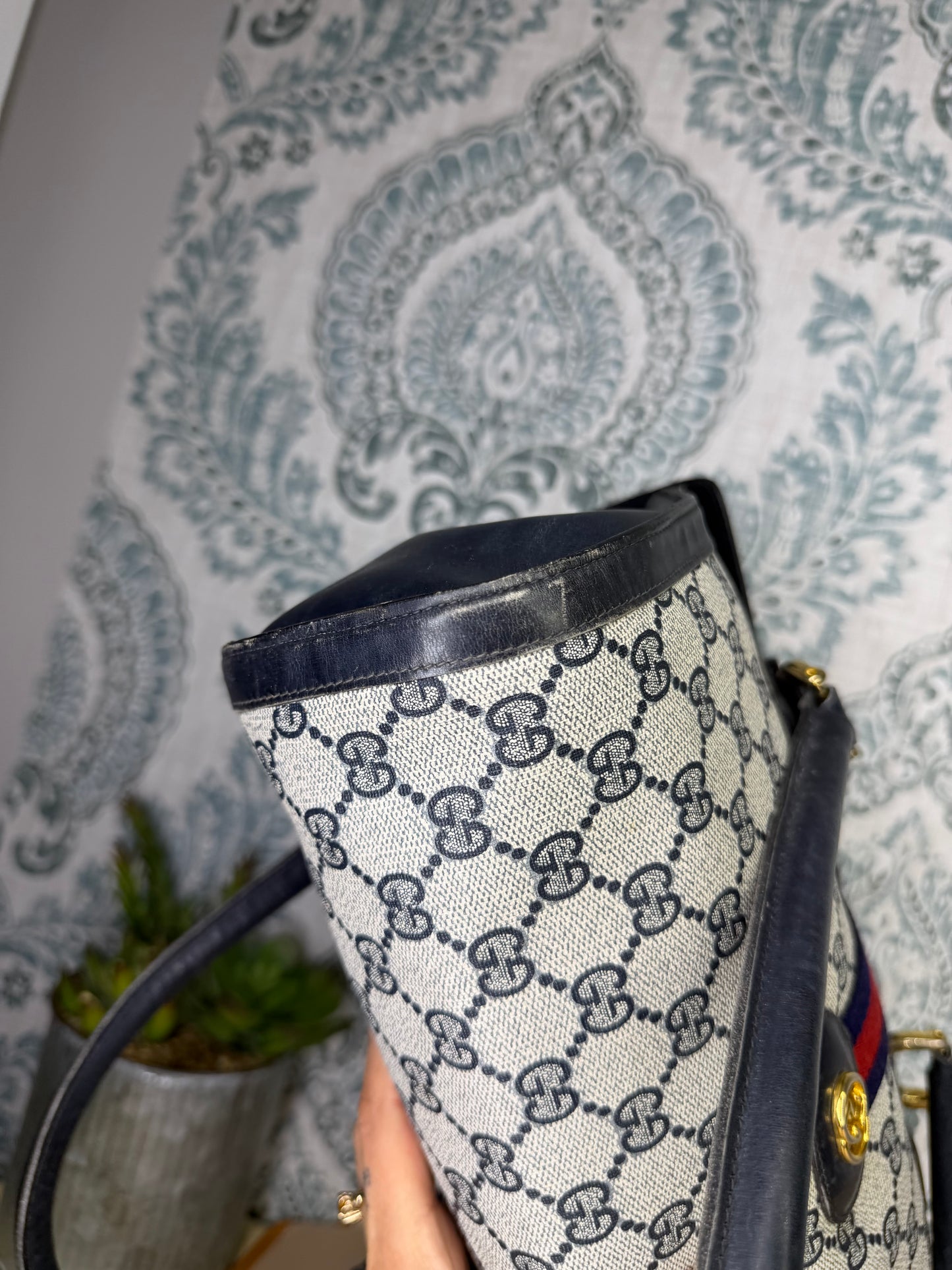 Gucci Navy Vintage Sherry Line Top Handle Bag