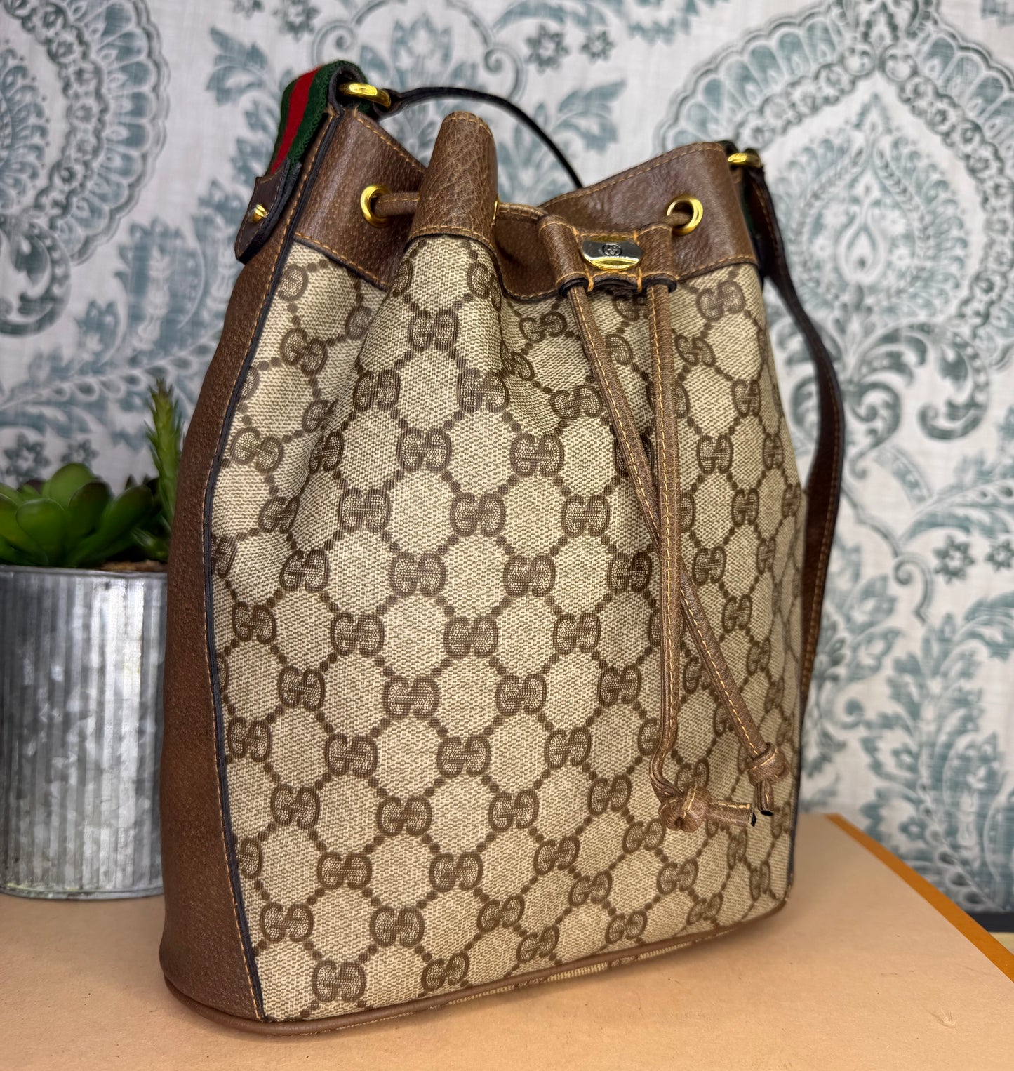 Gucci Canvas Sherry Line Drawstring Bucket Bag