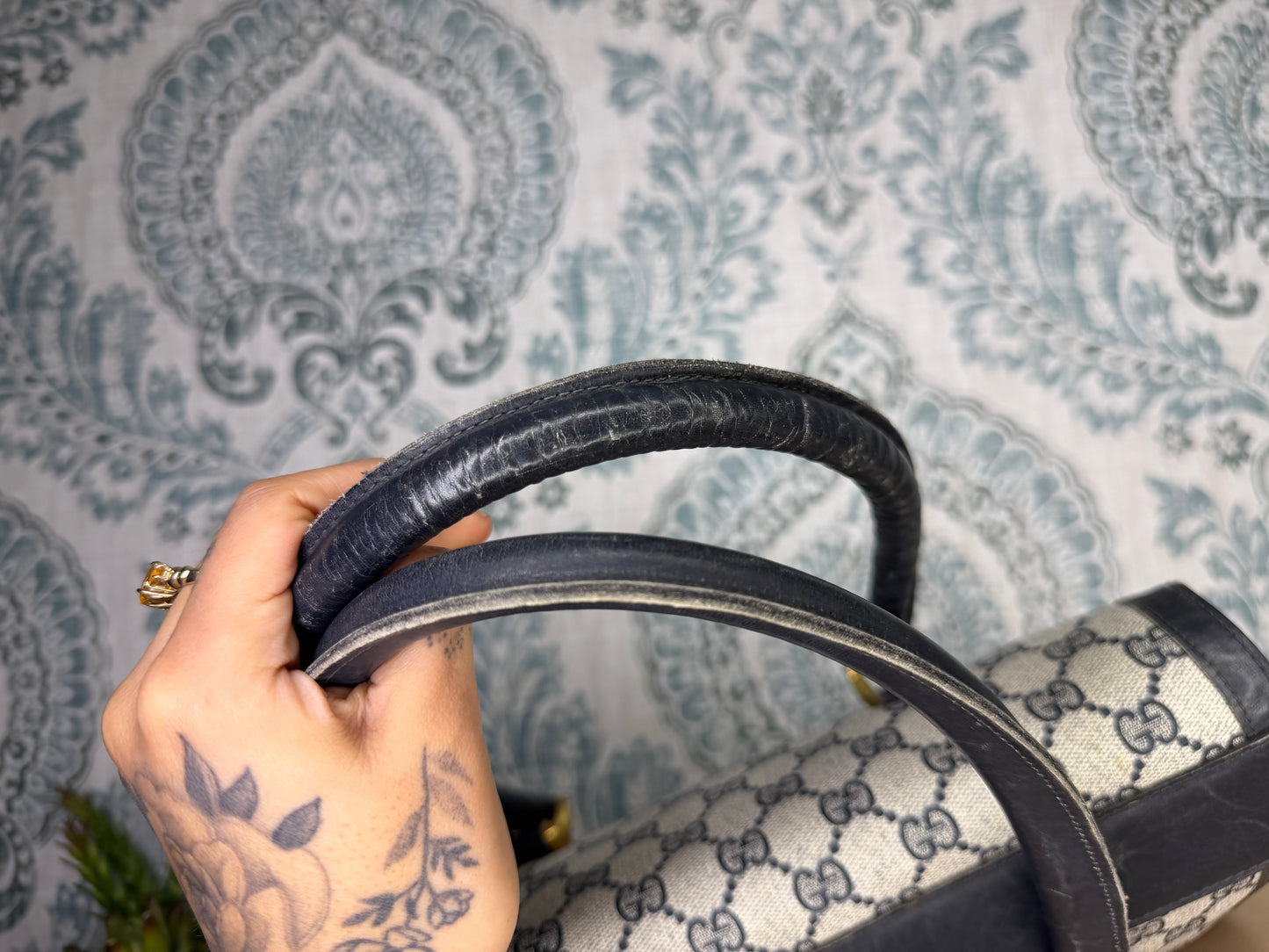 Gucci Navy Vintage Sherry Line Top Handle Bag