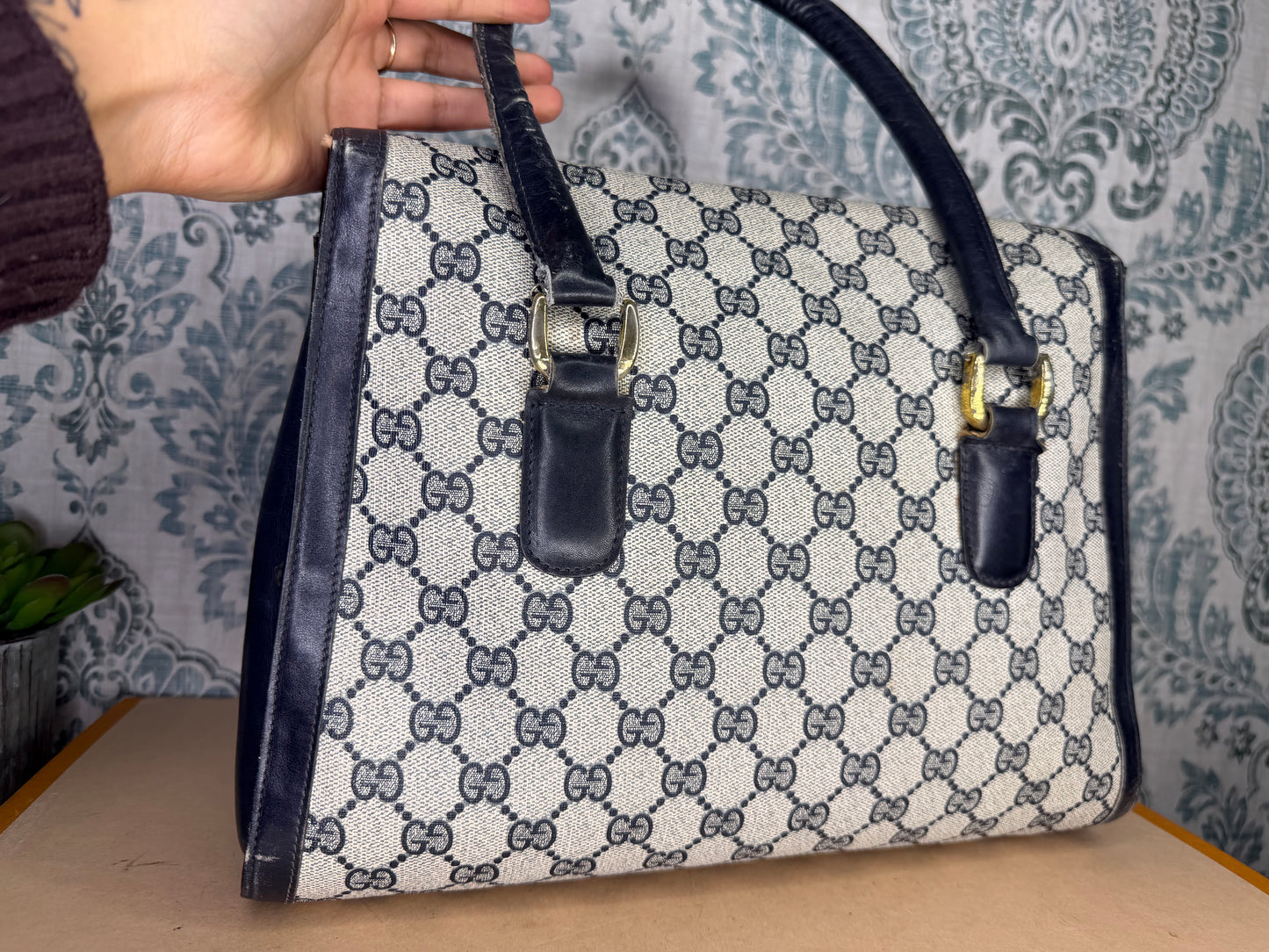 Gucci Navy Vintage Sherry Line Top Handle Bag