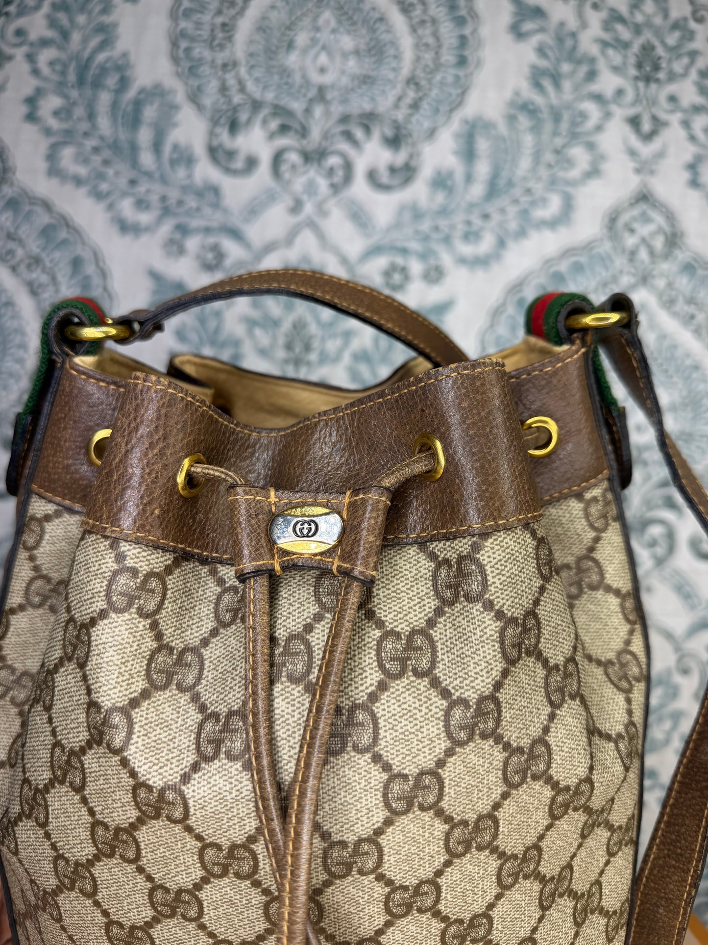 Gucci Canvas Sherry Line Drawstring Bucket Bag