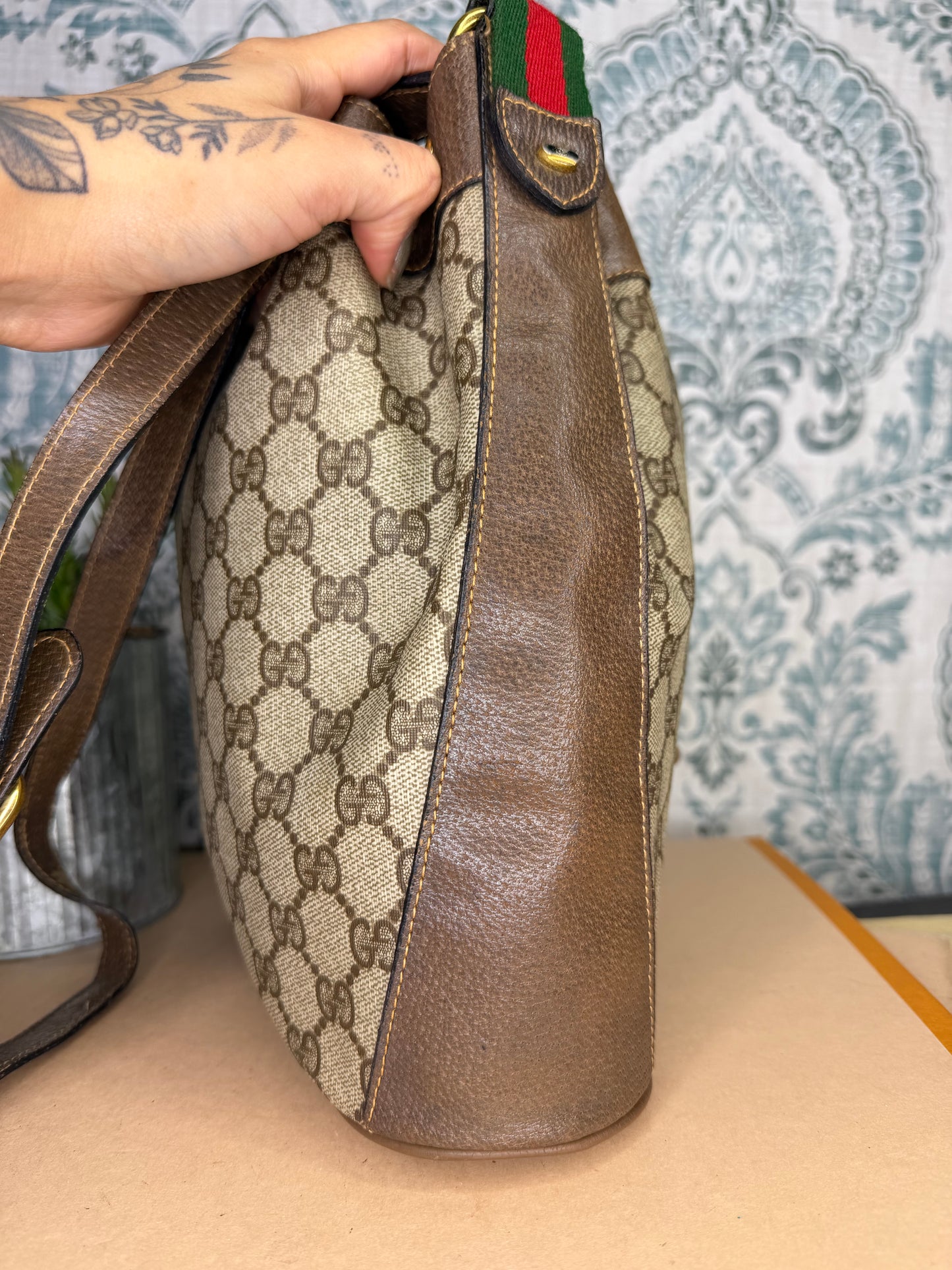 Gucci Canvas Sherry Line Drawstring Bucket Bag