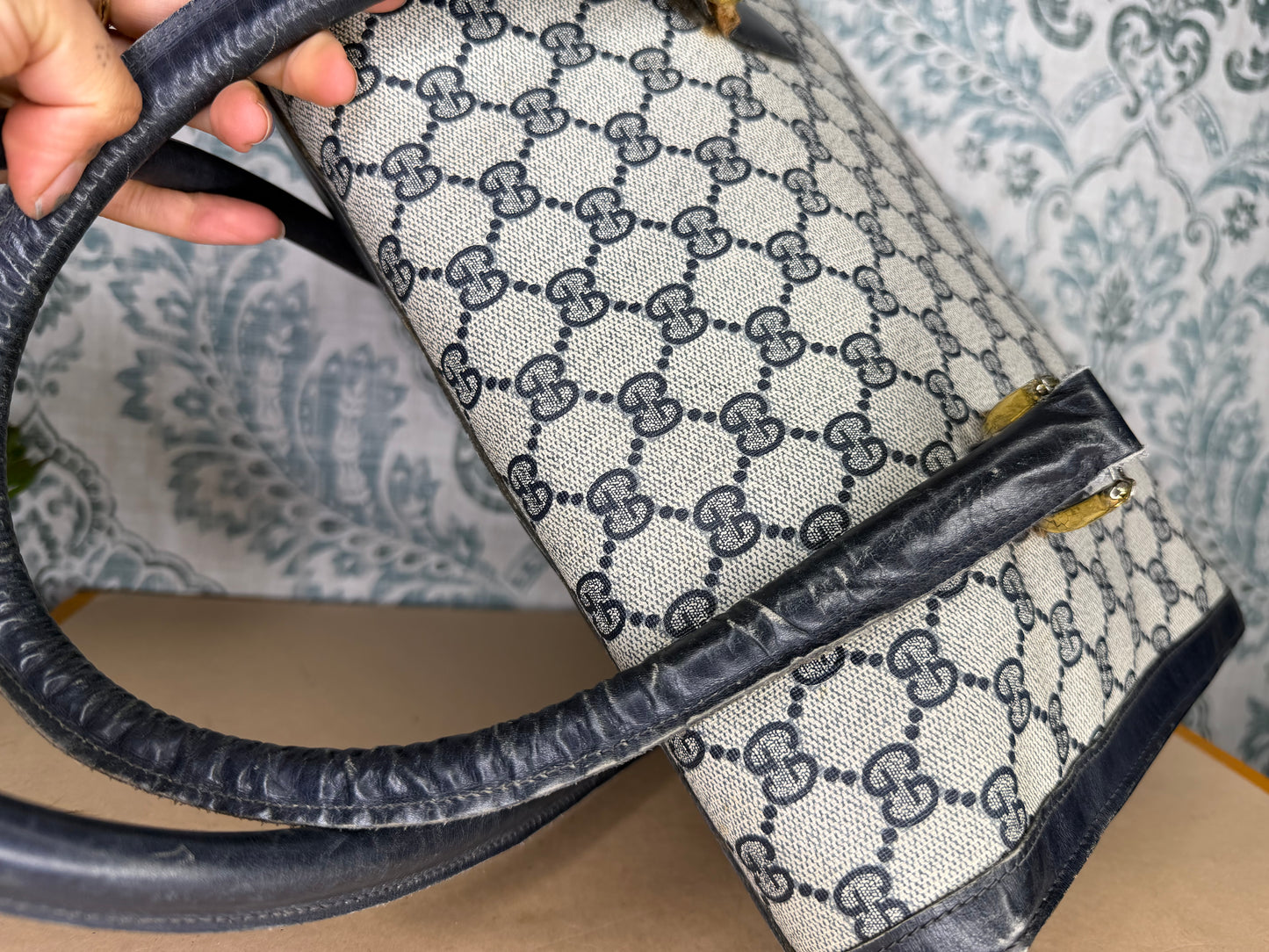 Gucci Navy Vintage Sherry Line Top Handle Bag