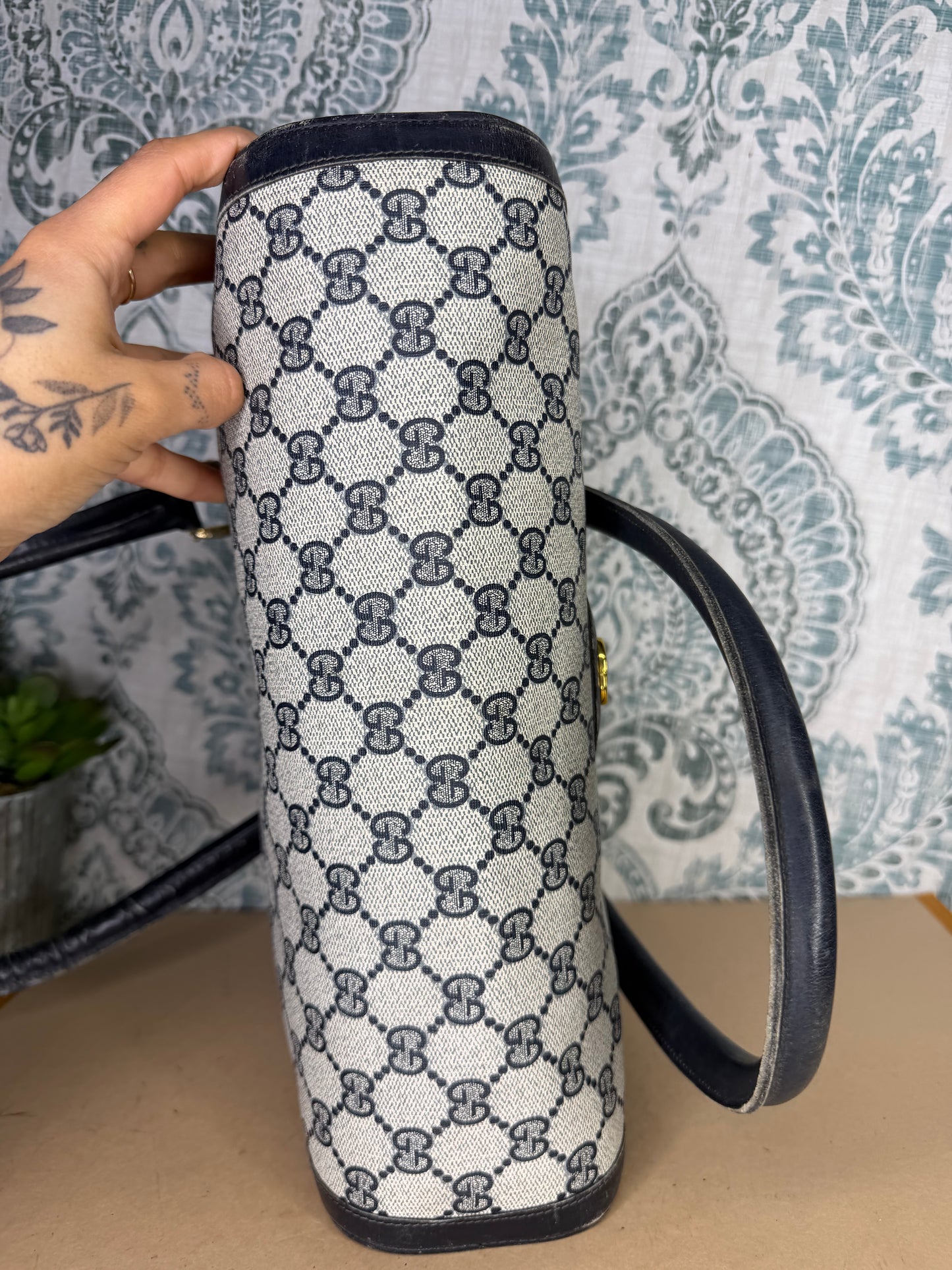 Gucci Navy Vintage Sherry Line Top Handle Bag