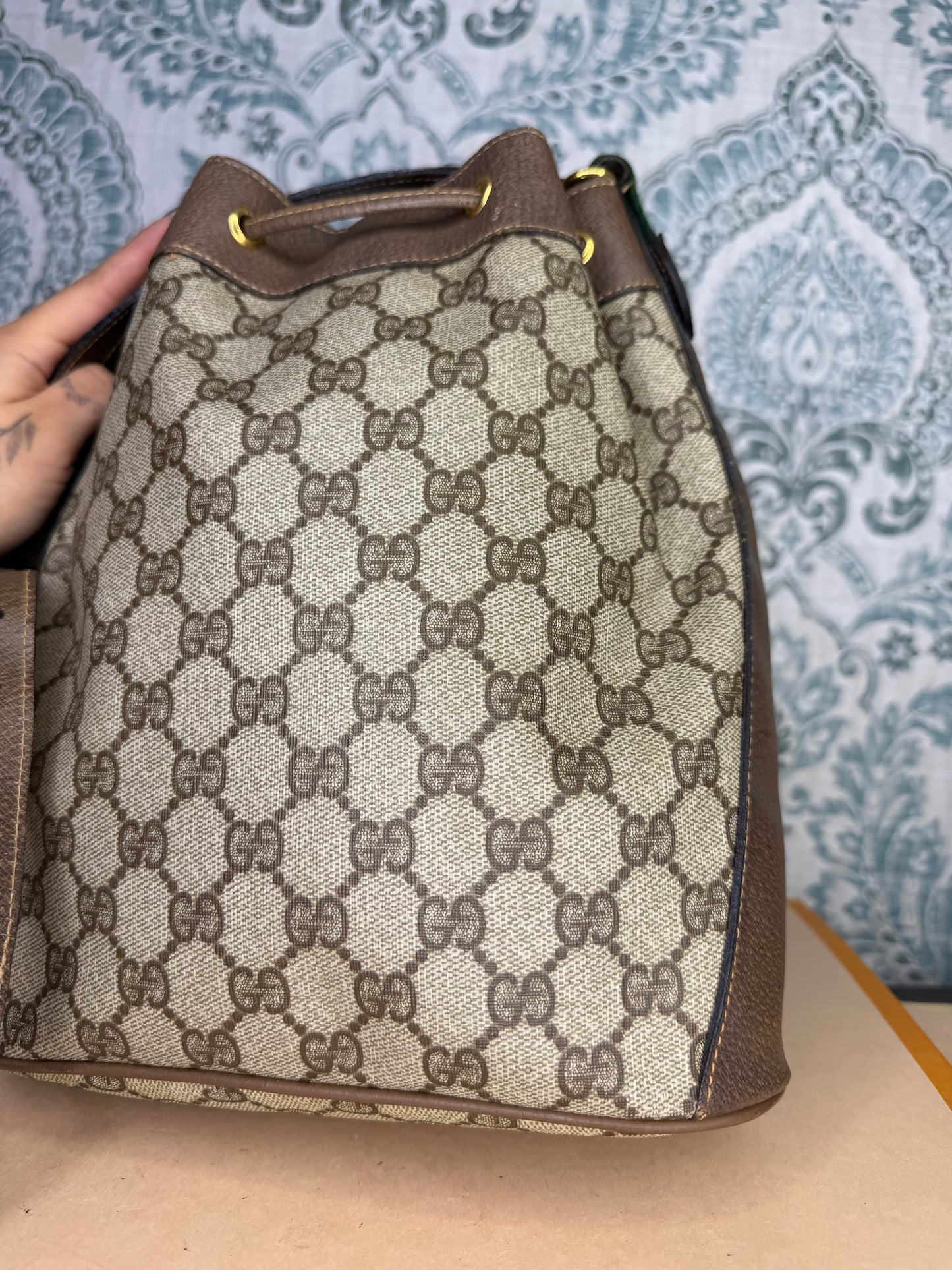 Gucci Canvas Sherry Line Drawstring Bucket Bag