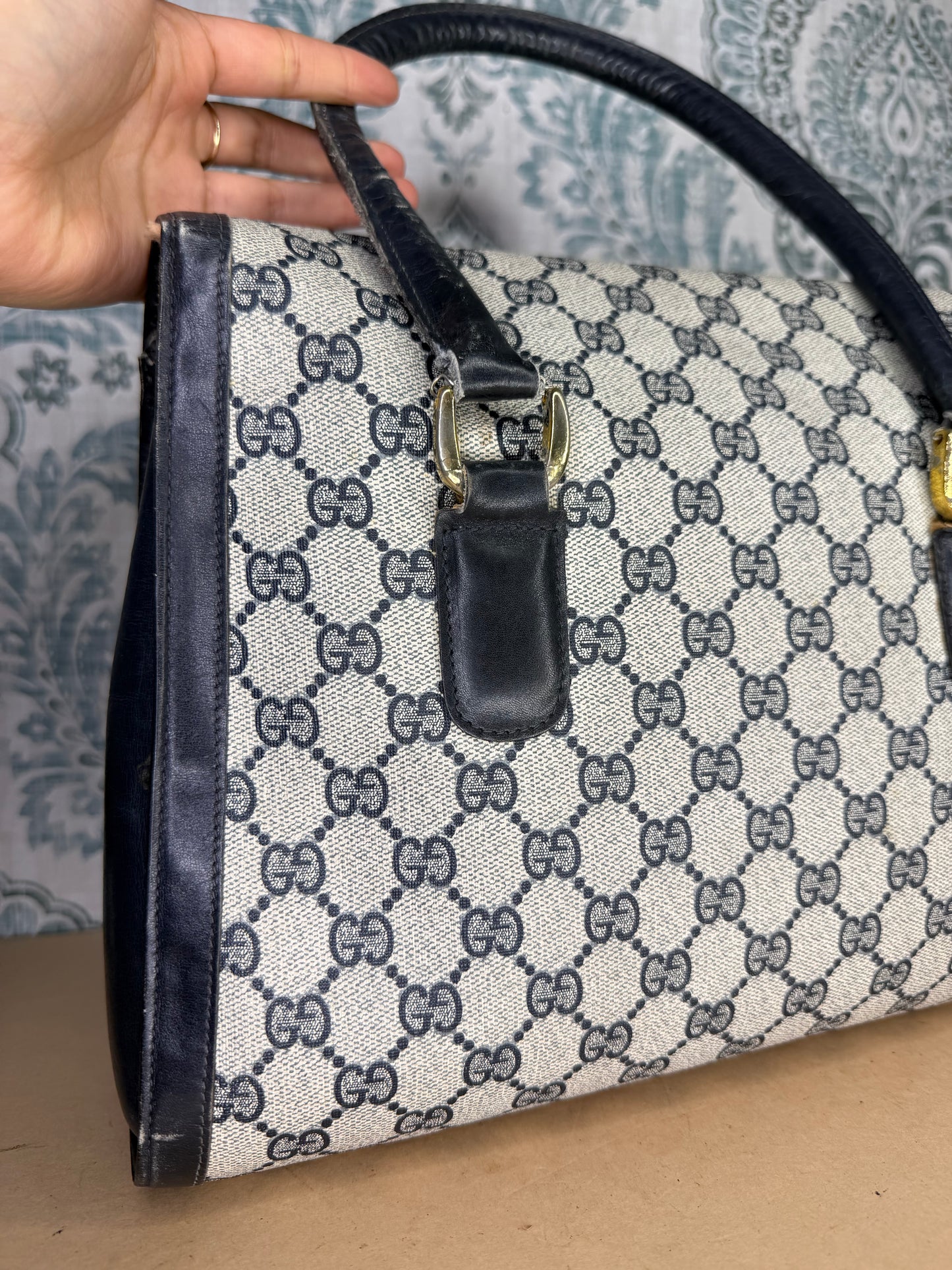 Gucci Navy Vintage Sherry Line Top Handle Bag