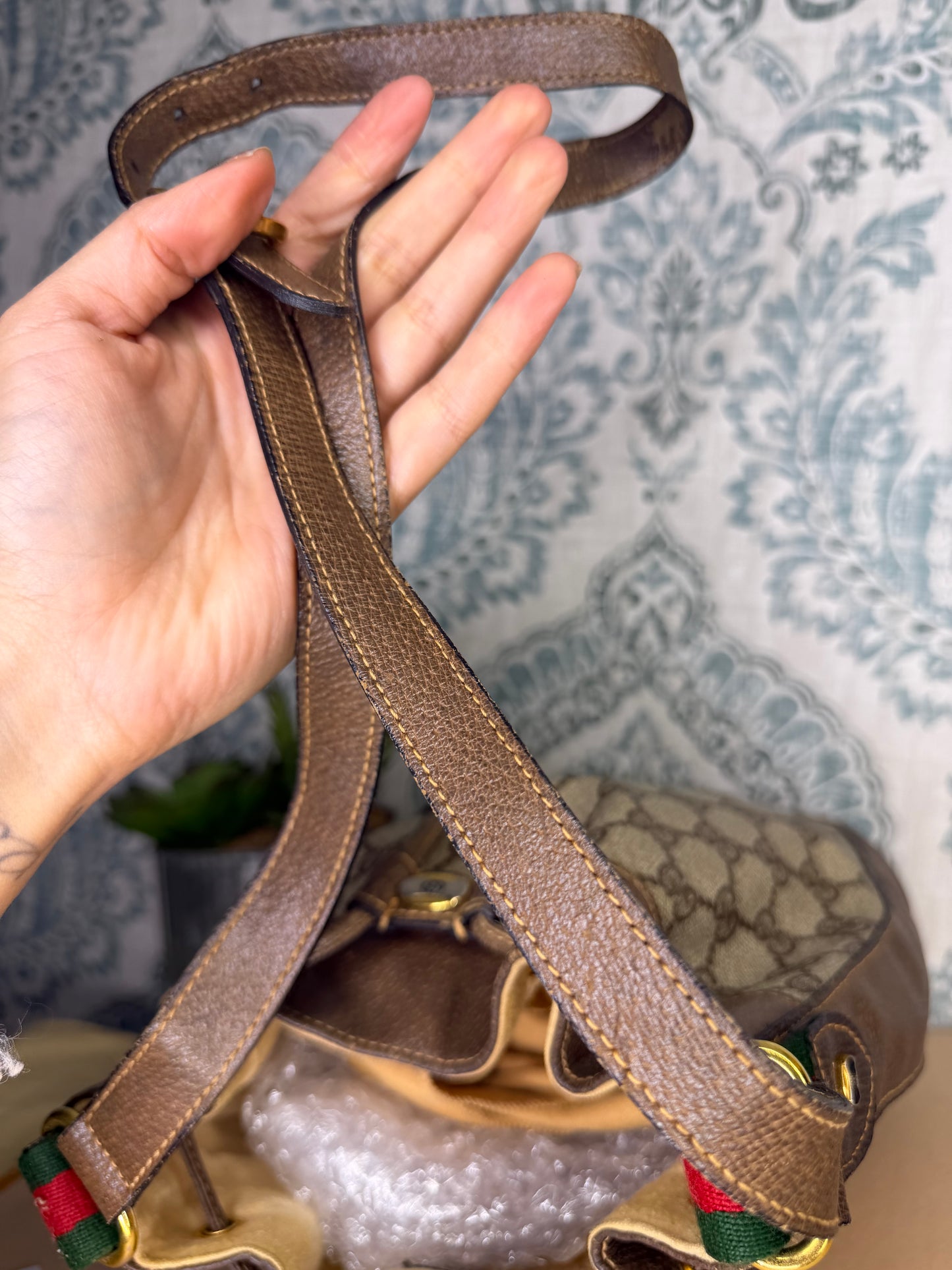 Gucci Canvas Sherry Line Drawstring Bucket Bag