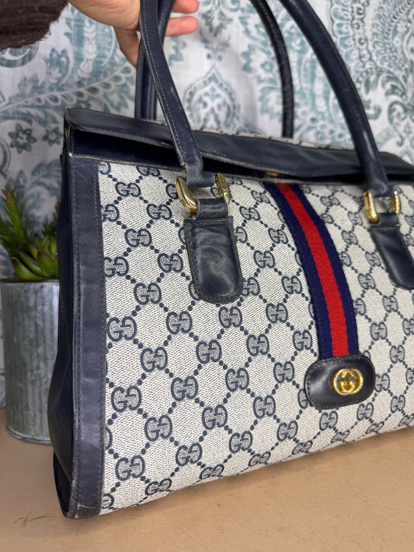 Gucci Navy Vintage Sherry Line Top Handle Bag