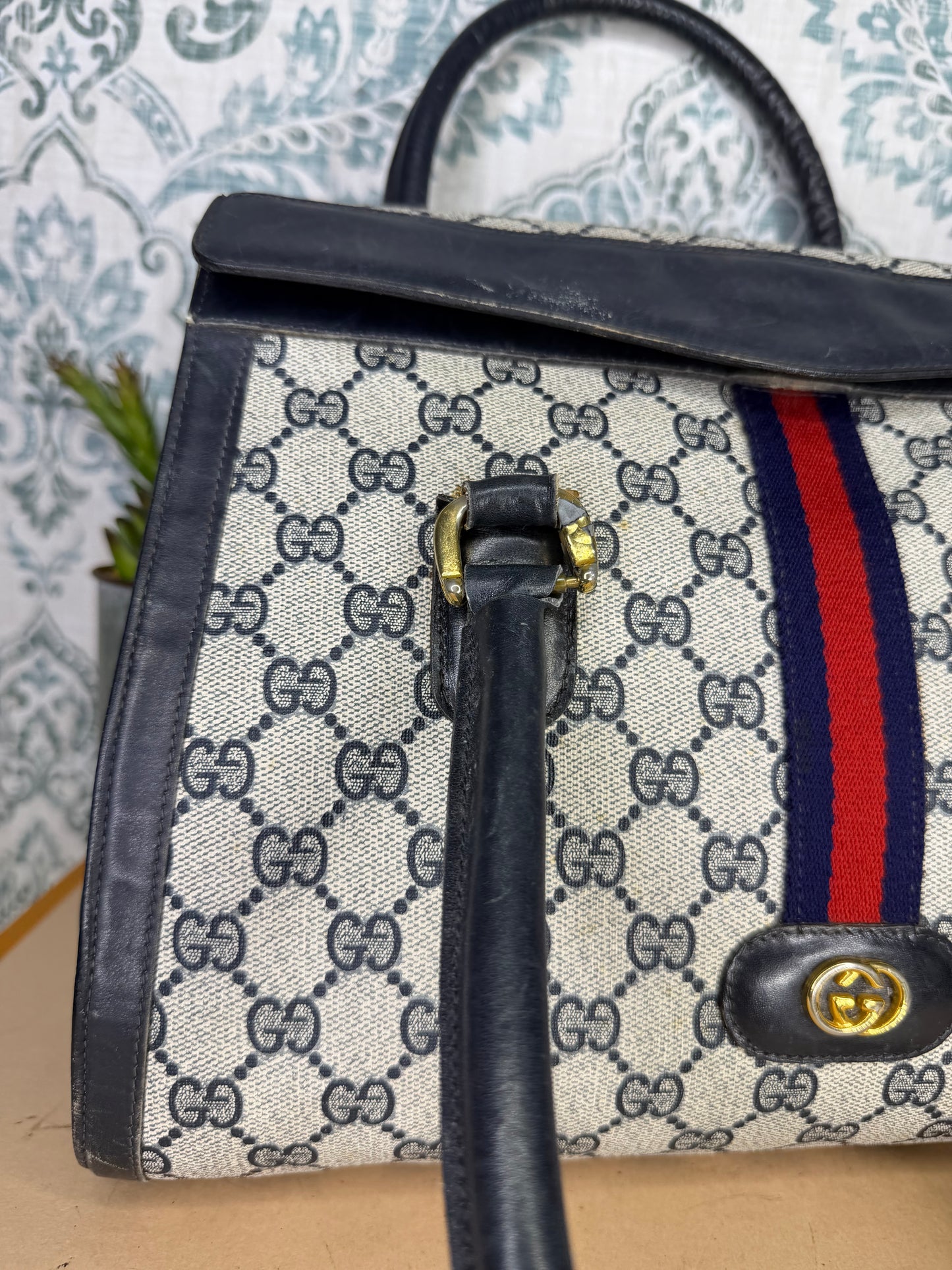 Gucci Navy Vintage Sherry Line Top Handle Bag