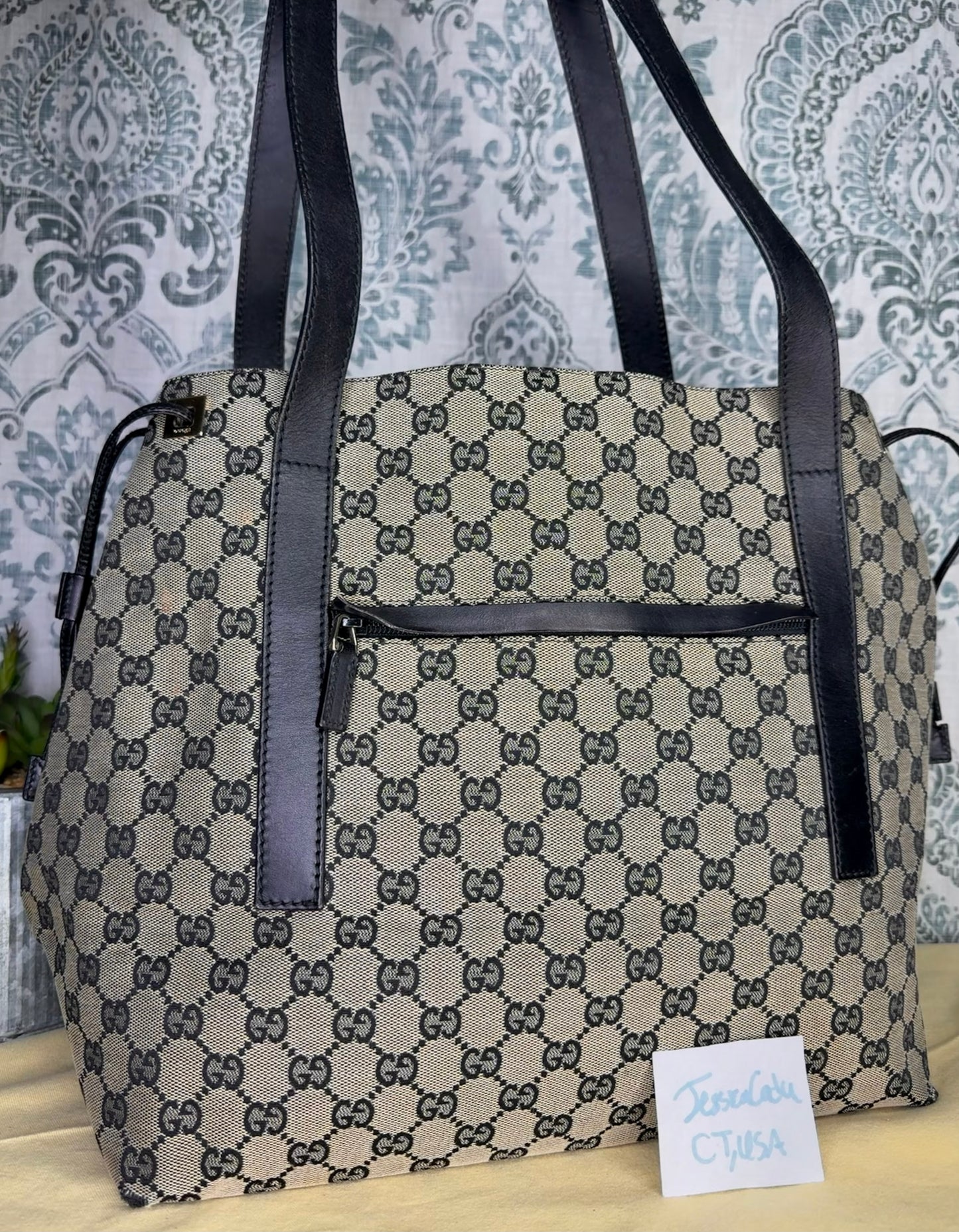 Gucci GG Drawstring Gray Tote Bag Canvas