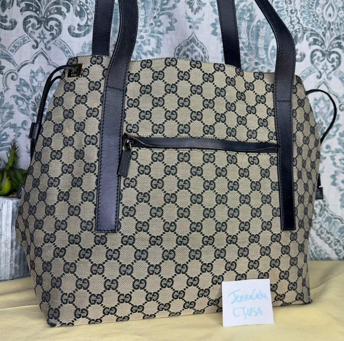 Gucci GG Drawstring Gray Tote Bag Canvas