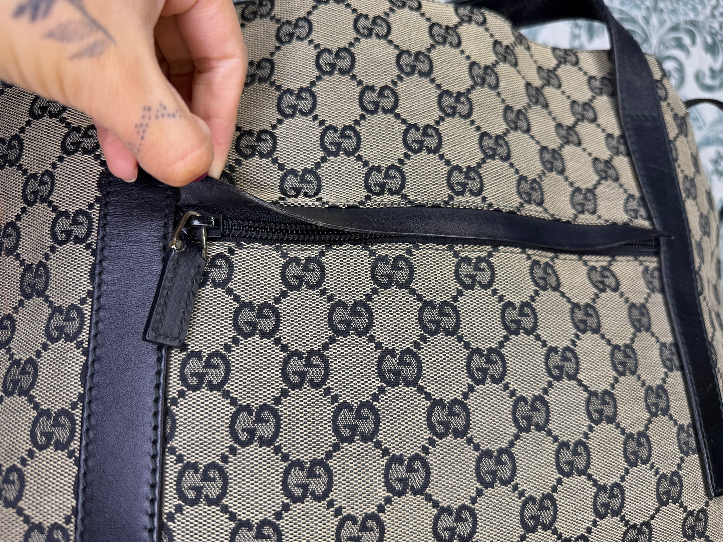 Gucci GG Drawstring Gray Tote Bag Canvas