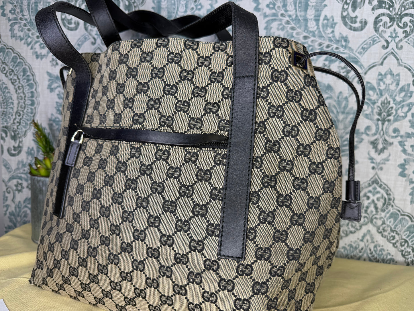 Gucci GG Drawstring Gray Tote Bag Canvas