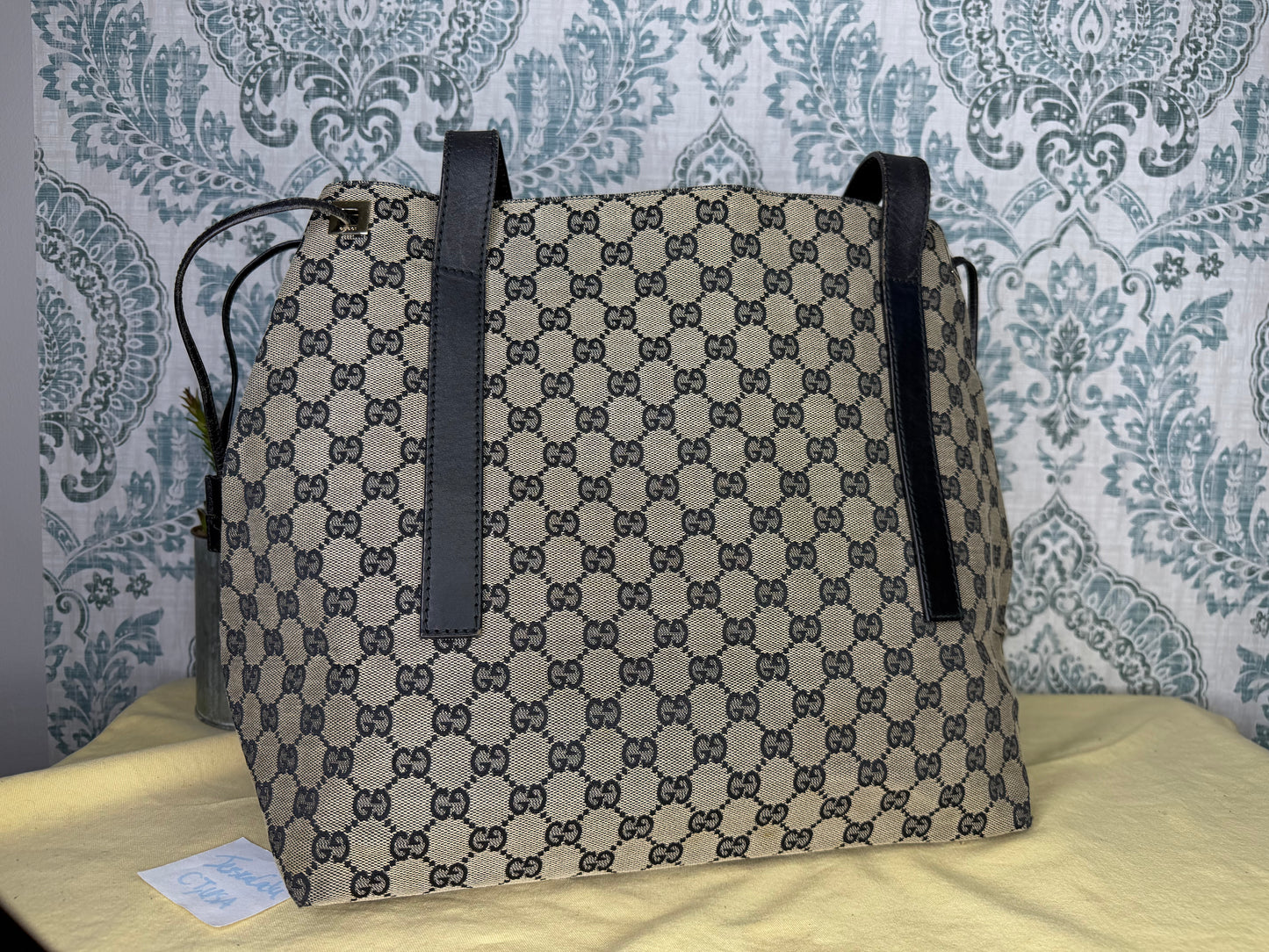 Gucci GG Drawstring Gray Tote Bag Canvas