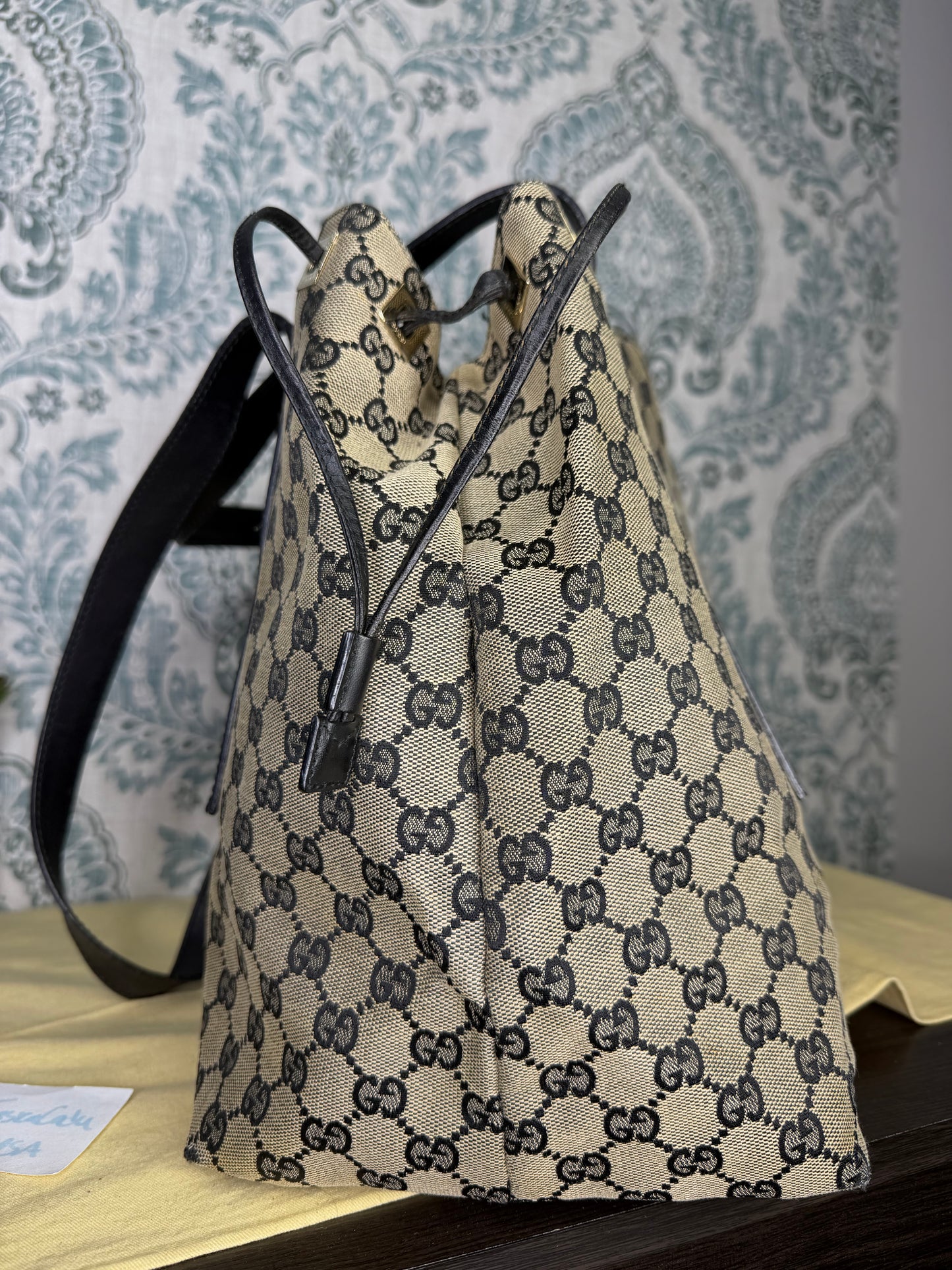Gucci GG Drawstring Gray Tote Bag Canvas