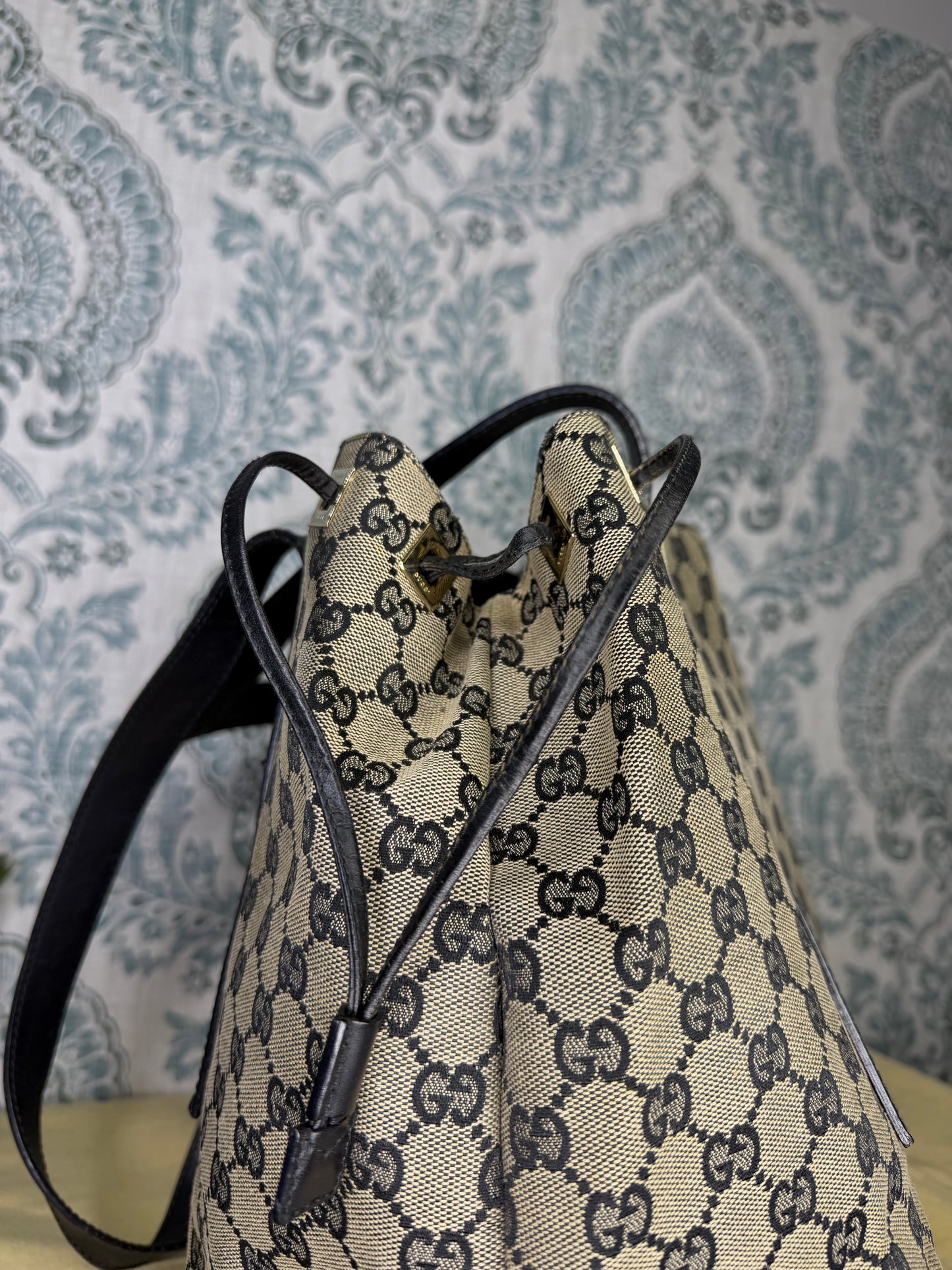 Gucci GG Drawstring Gray Tote Bag Canvas