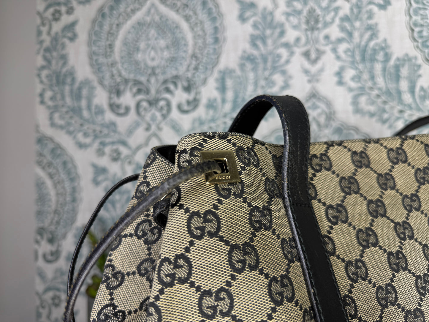 Gucci GG Drawstring Gray Tote Bag Canvas