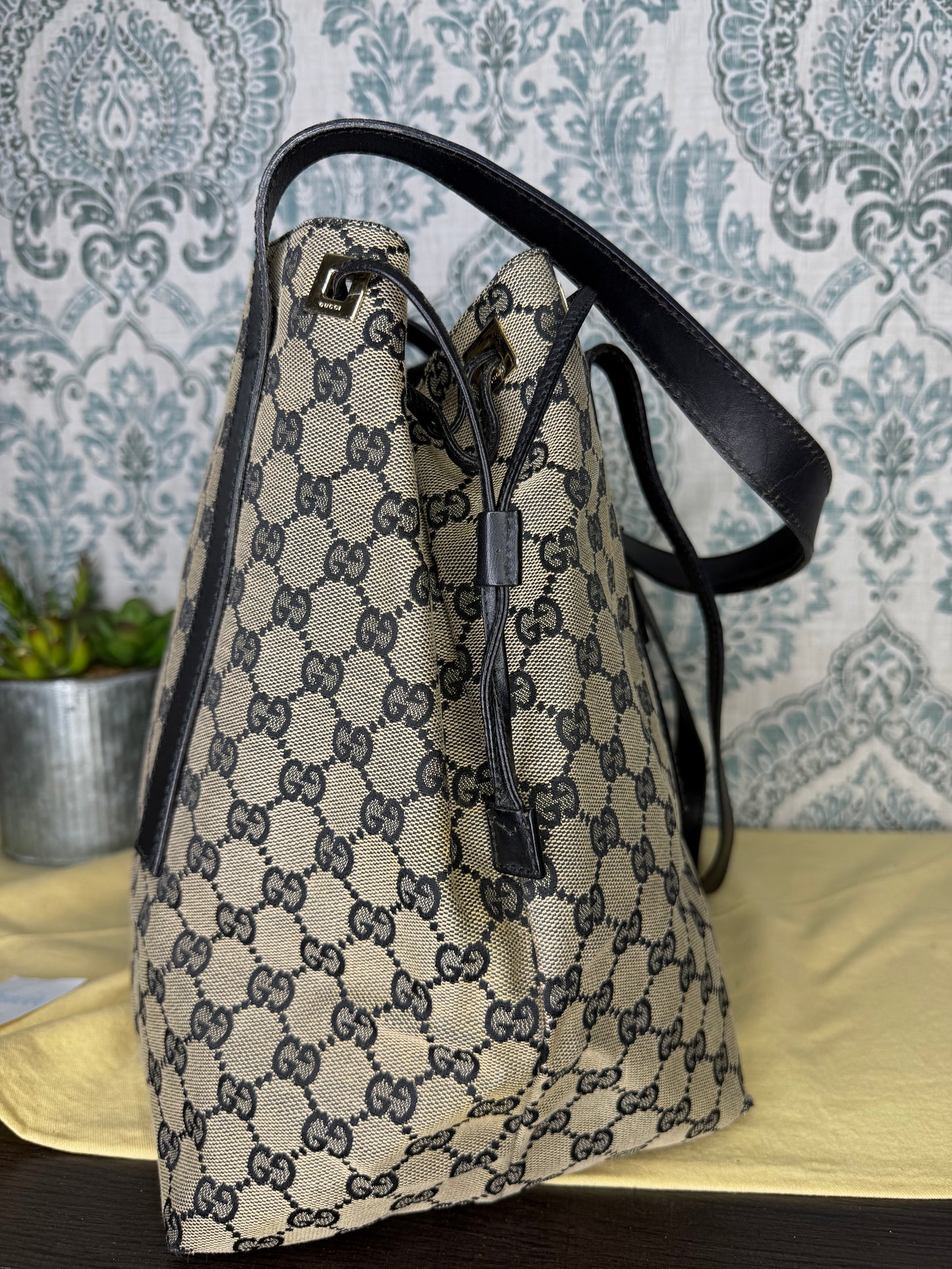Gucci GG Drawstring Gray Tote Bag Canvas