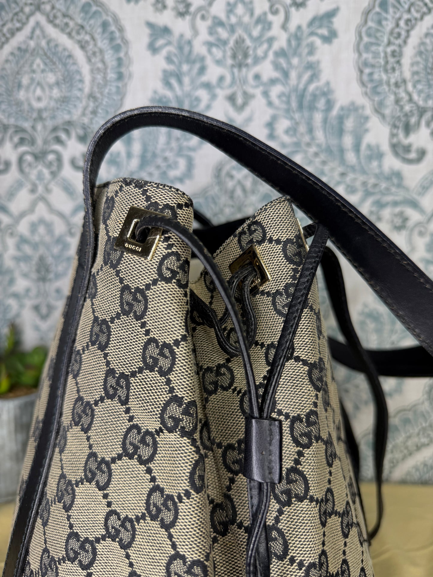 Gucci GG Drawstring Gray Tote Bag Canvas