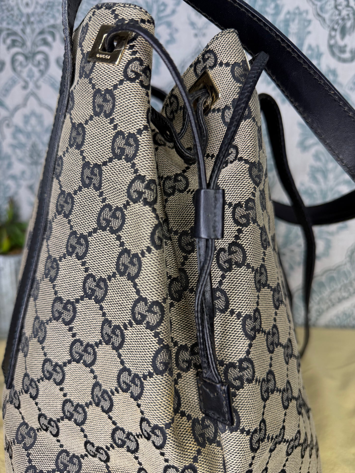 Gucci GG Drawstring Gray Tote Bag Canvas