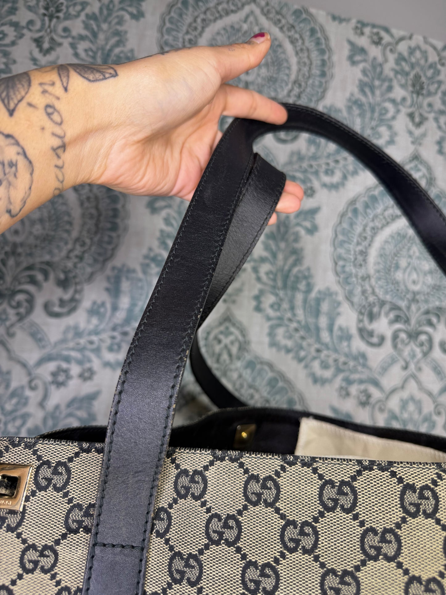 Gucci GG Drawstring Gray Tote Bag Canvas