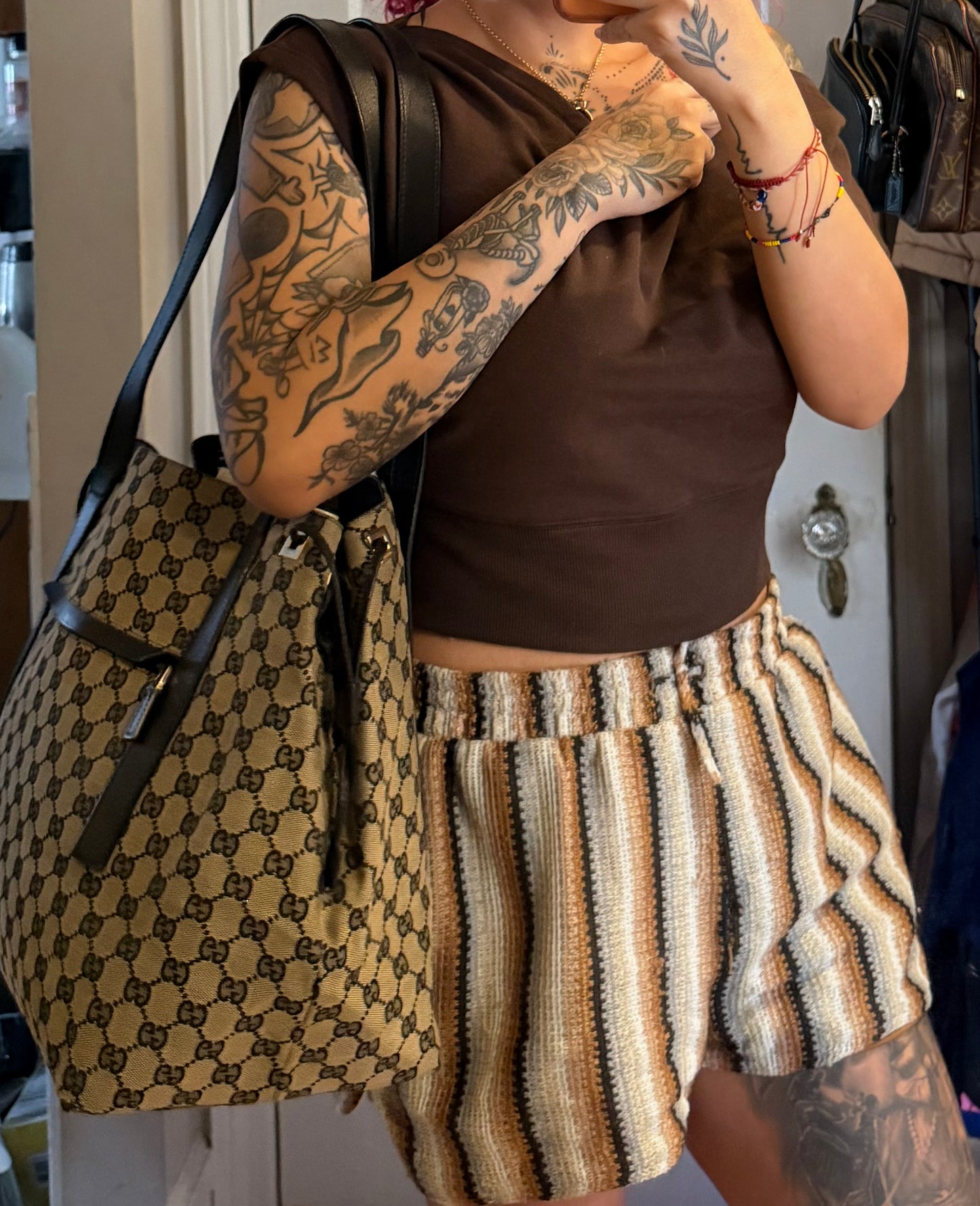 Gucci GG Drawstring Gray Tote Bag Canvas