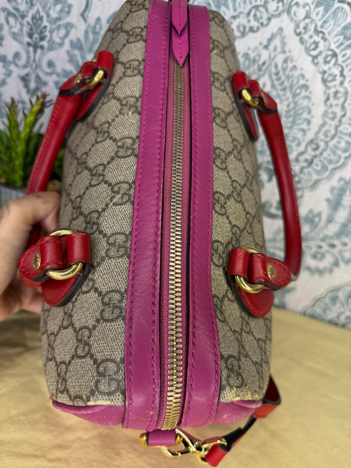 Gucci GG Supreme Pink/Red Boston Bag