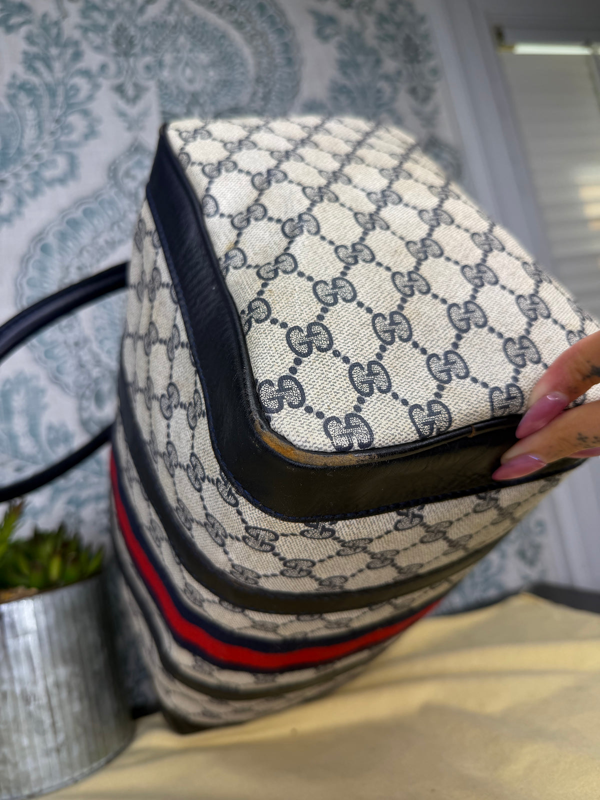 Gucci Navy Vintage Sherry Line Boston Bag