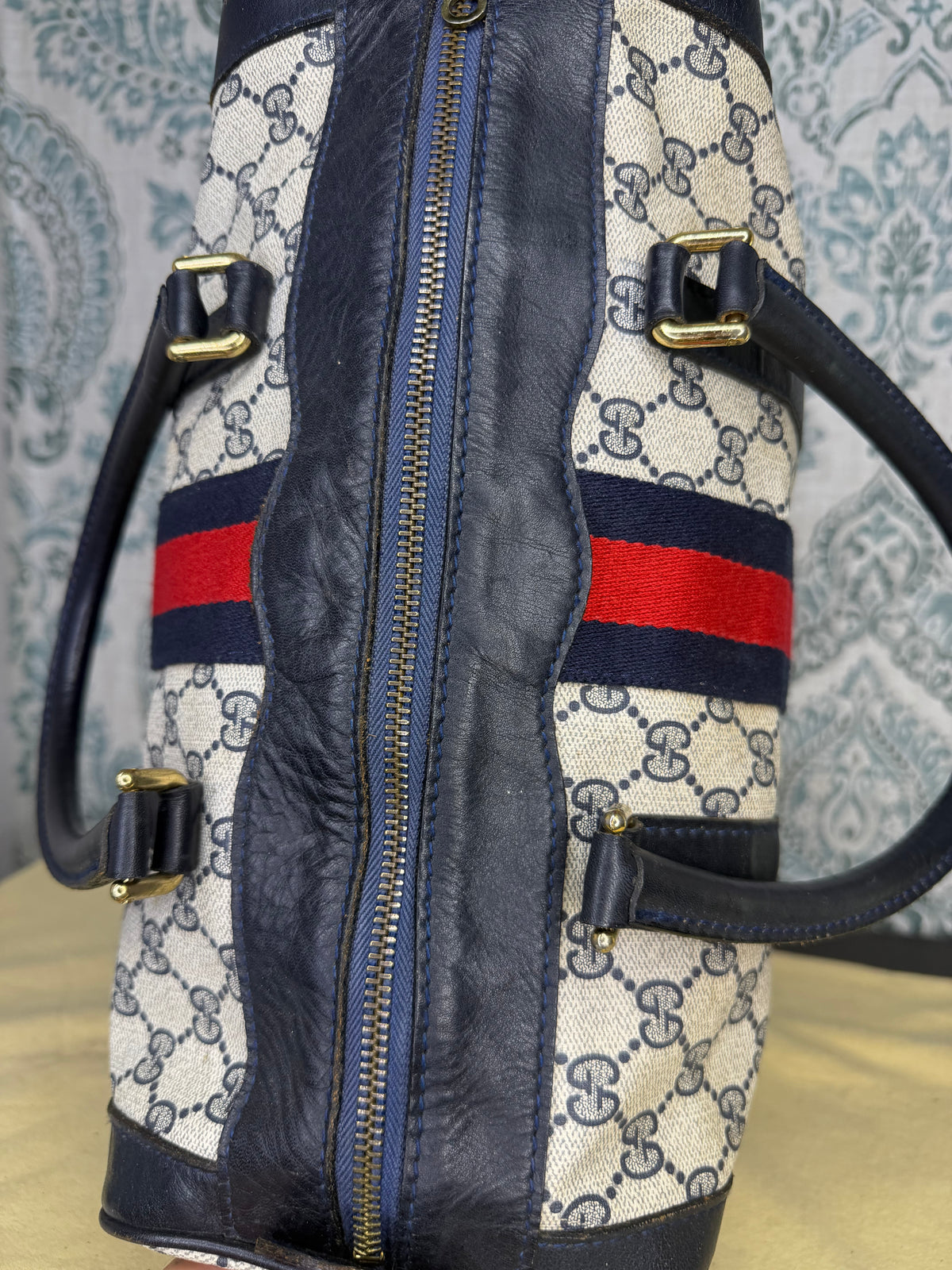 Gucci Navy Vintage Sherry Line Boston Bag