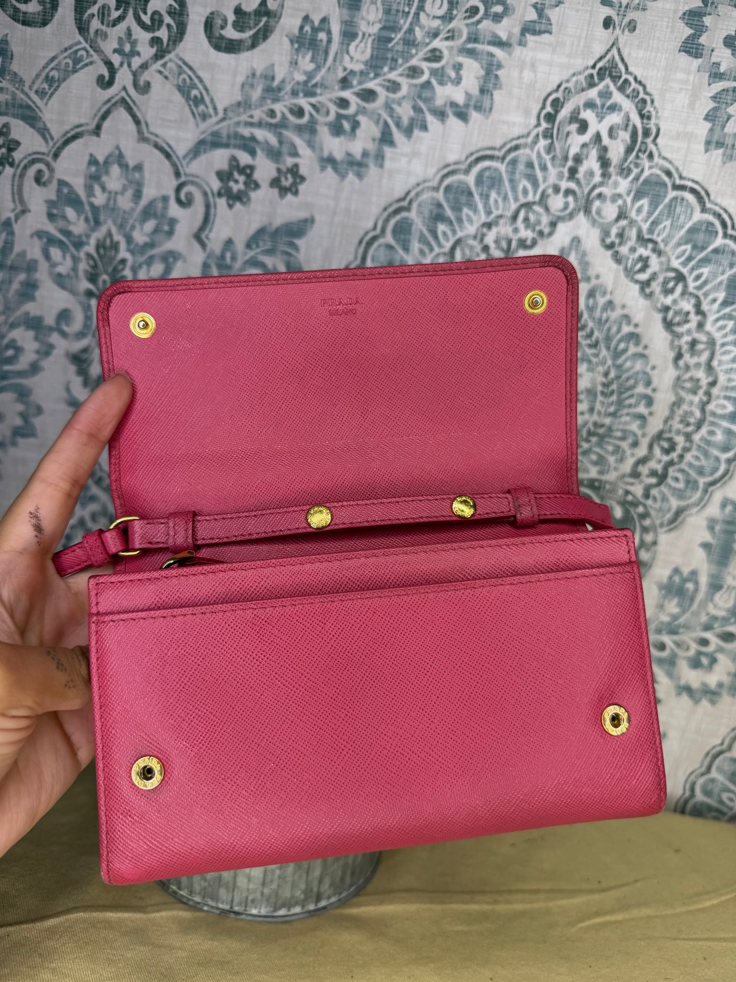 Prada Peona Pink Saffiano Crossbody Wallet